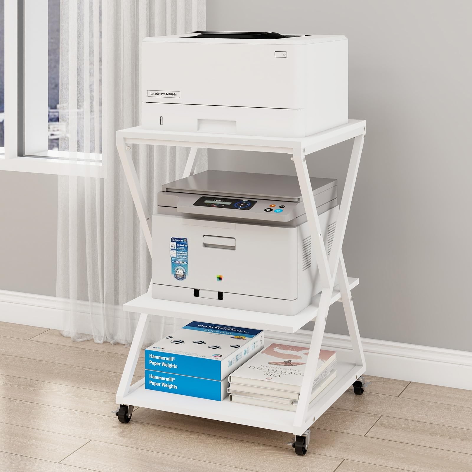 3 Tier Large Printer Table, 19.7"x19.7", Height Adjustable,White