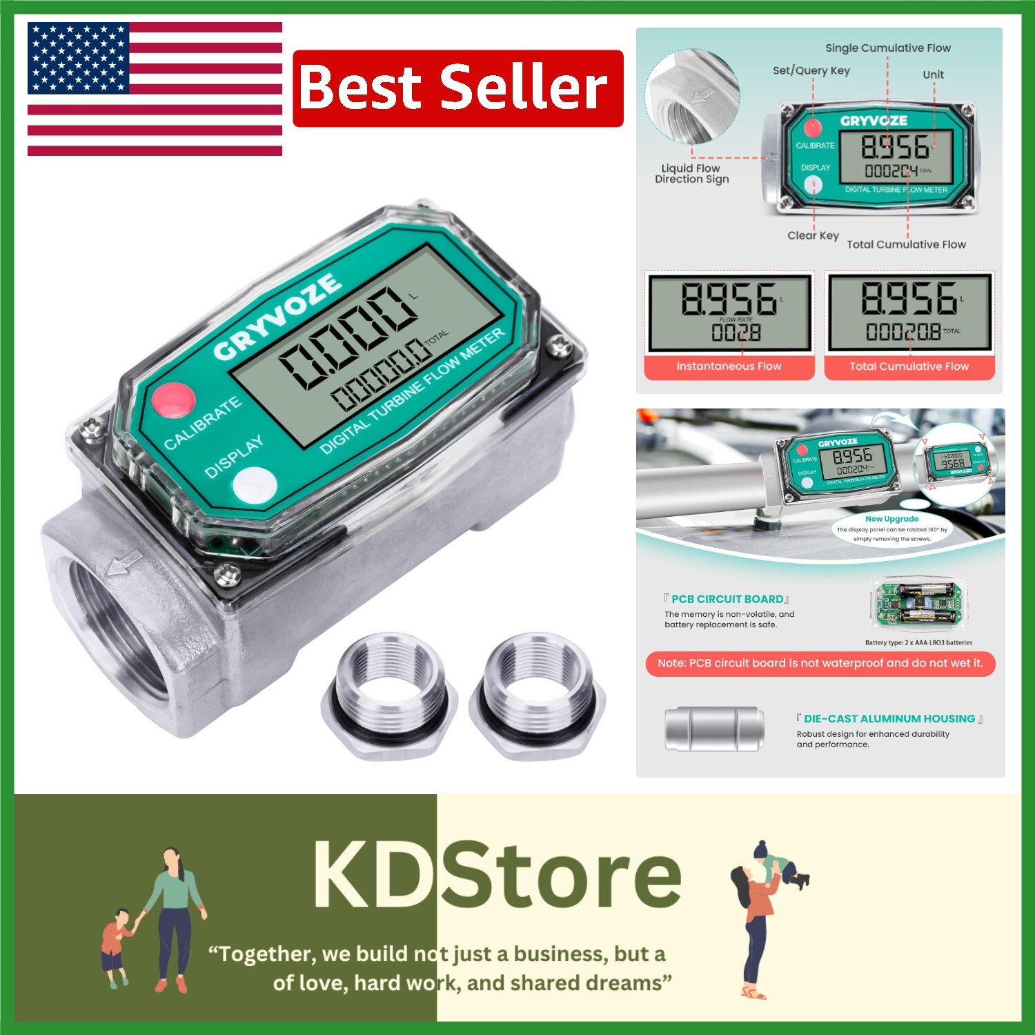 High Precision 1'' Digital Flow Meter for Diesel, Water & Gasoline - 2.6-26 GPM