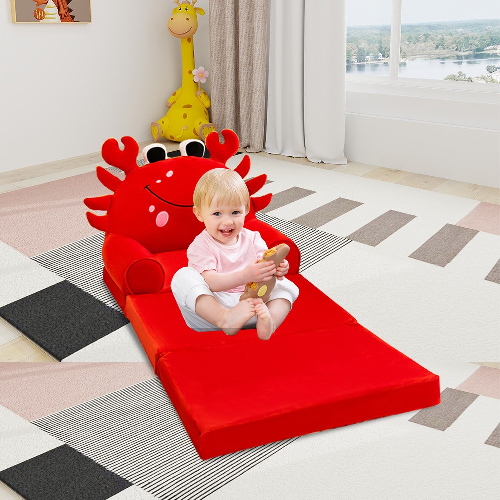 Red Crab Kids Sofa Bed Foldable Toddler Chair Cozy Crystal Velvet Furniture