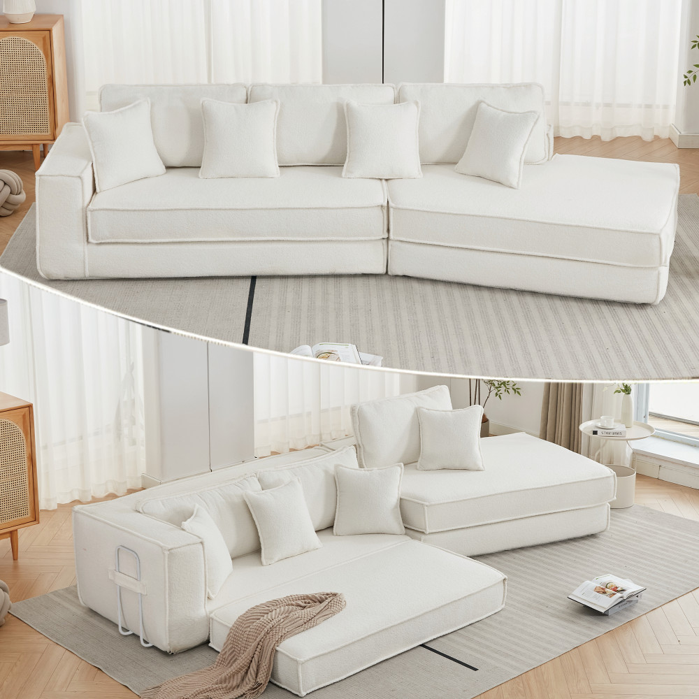 Convertible Sleeper Sofa Bed, 2-in-1 Floor Sofa Lamb Velvet Living Room, Beige