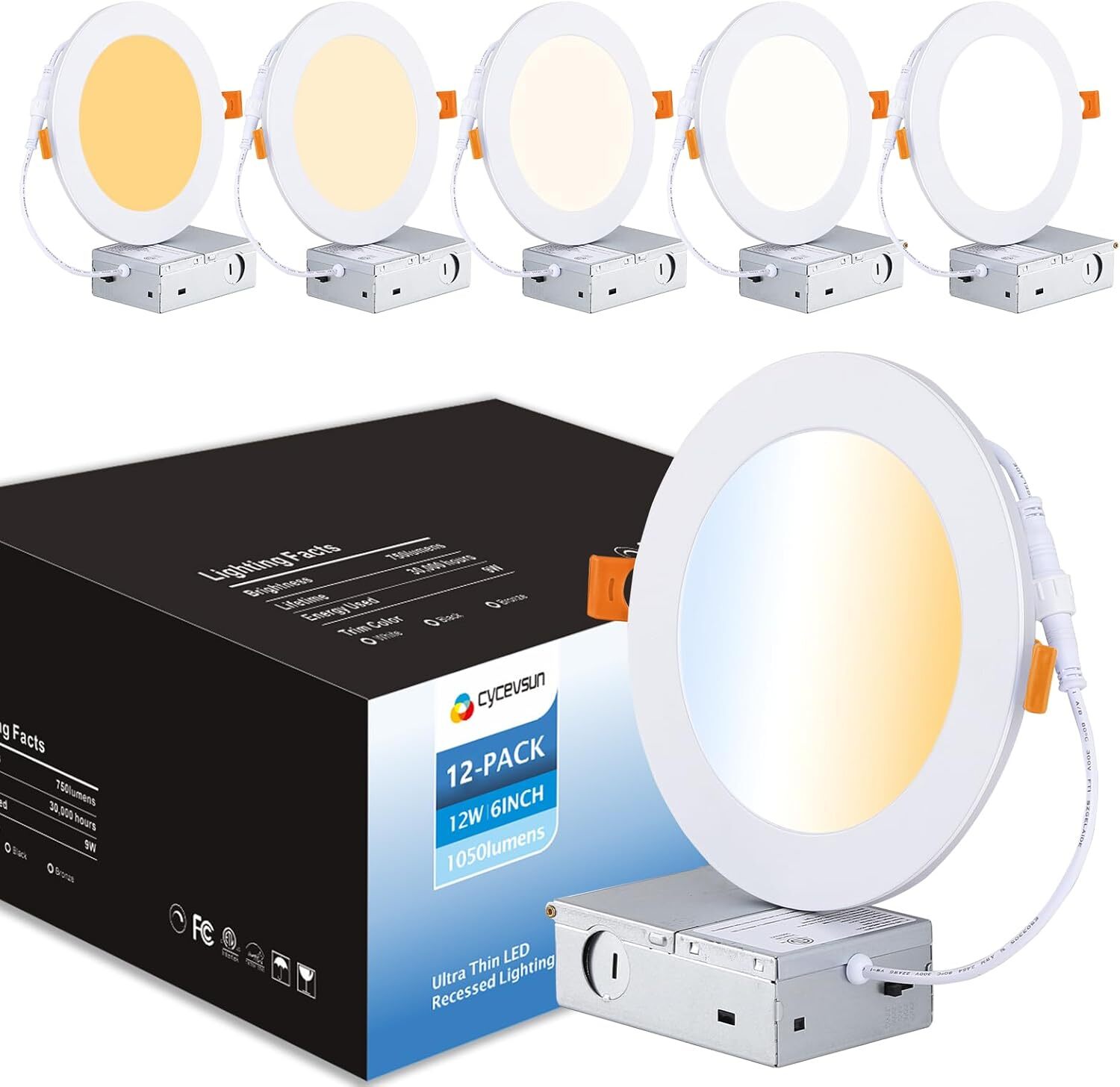 6 Inch LED Recessed Canless Wafer Pot Lighting Dimmable 12W 120V 12 Pack