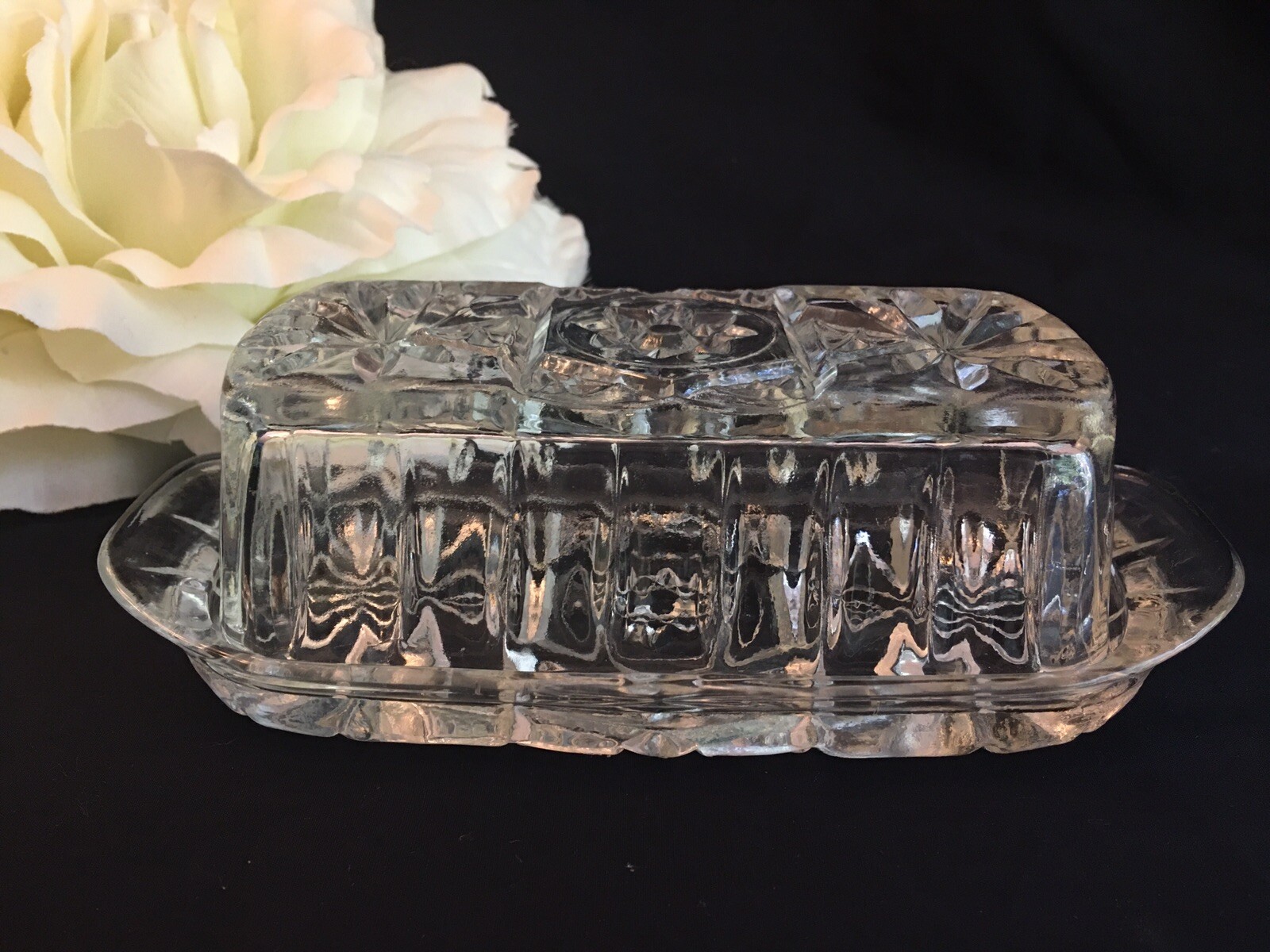 Vintage Clear Glass Anchor Hocking Starburst Covered Butter Dish