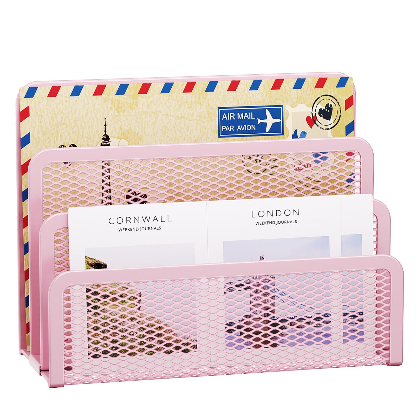 3Slot Mesh Metal Mail Organizer Desk Letter Holder Countertop Rack Pink