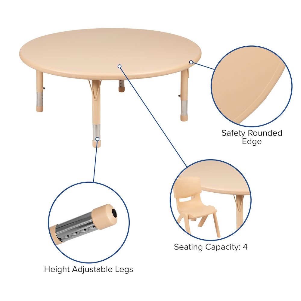 45" Round Natural Plastic Height Adjustable Activity Table Set with 2 Chairs