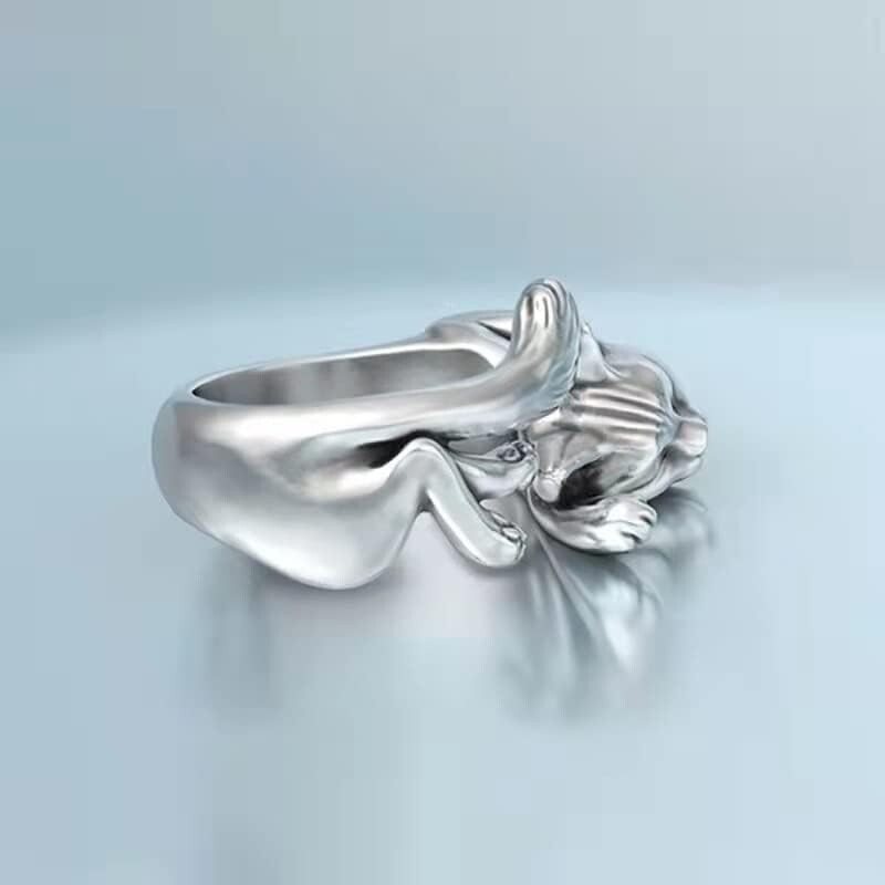 Stretching Cat Cute Ring, Silver Animal, Pet Lover Ring Adjustable Size