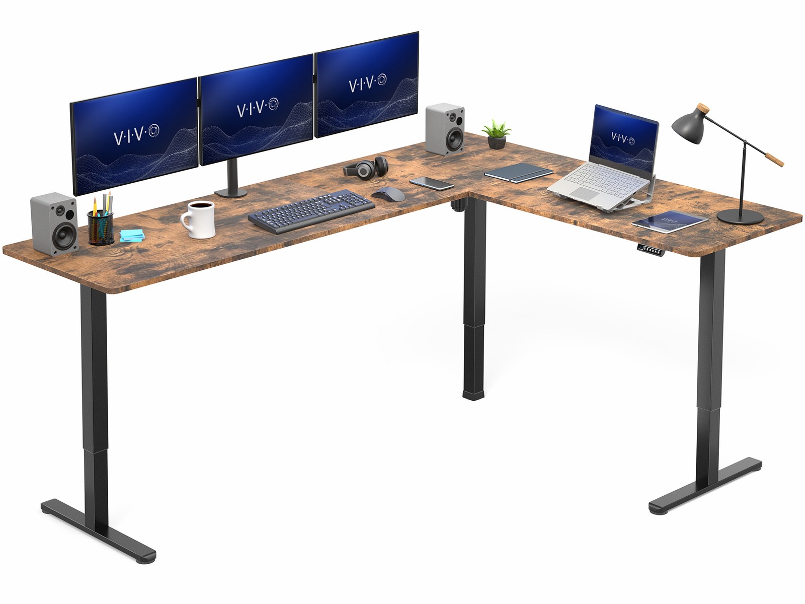 VIVO Vintage Brown / Black Electric 84" x 63" Corner Desk, L-Shaped Workstation