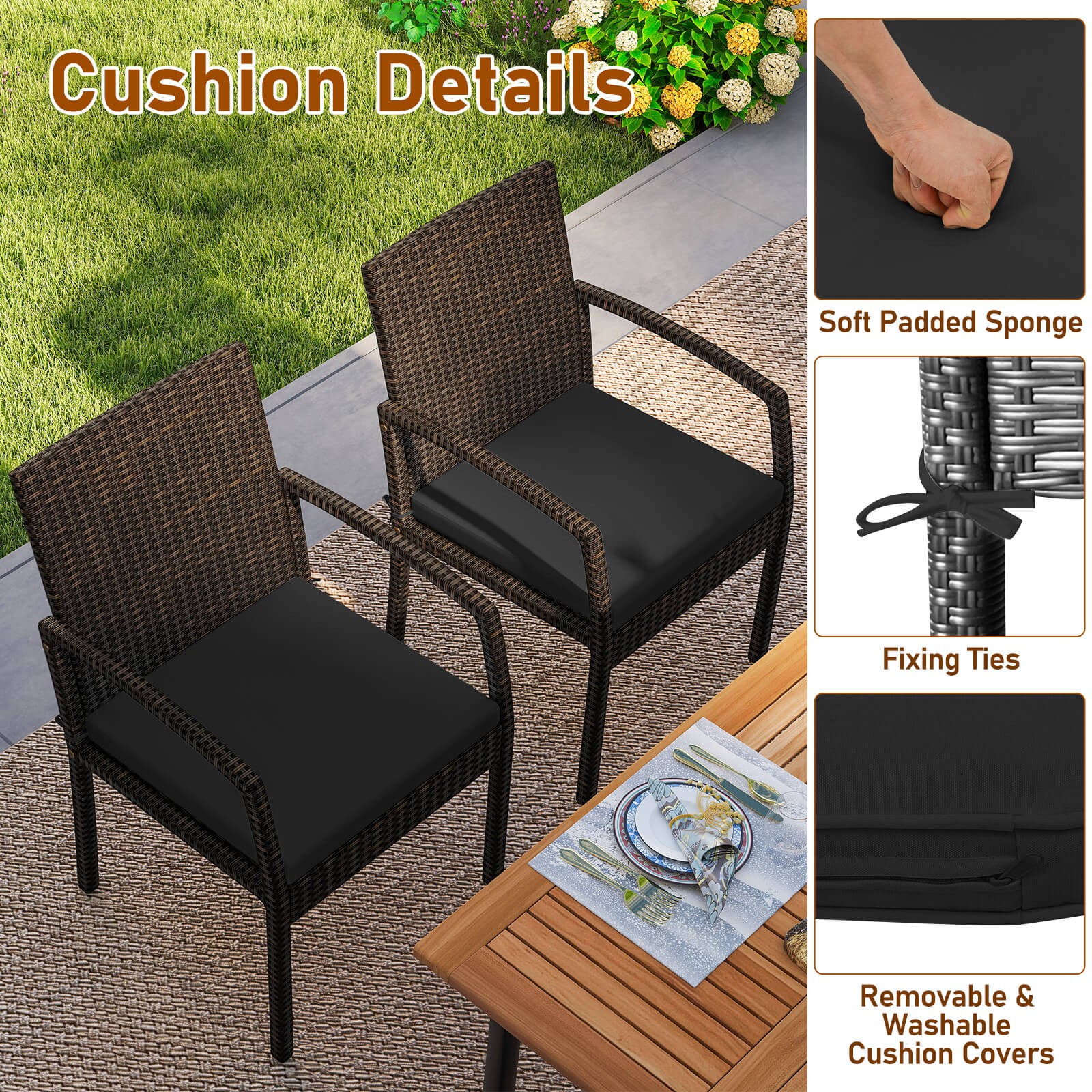 Patiojoy 7-Piece Dining Table Set w/ Dining Table & 6 Armchairs & Soft Cushions