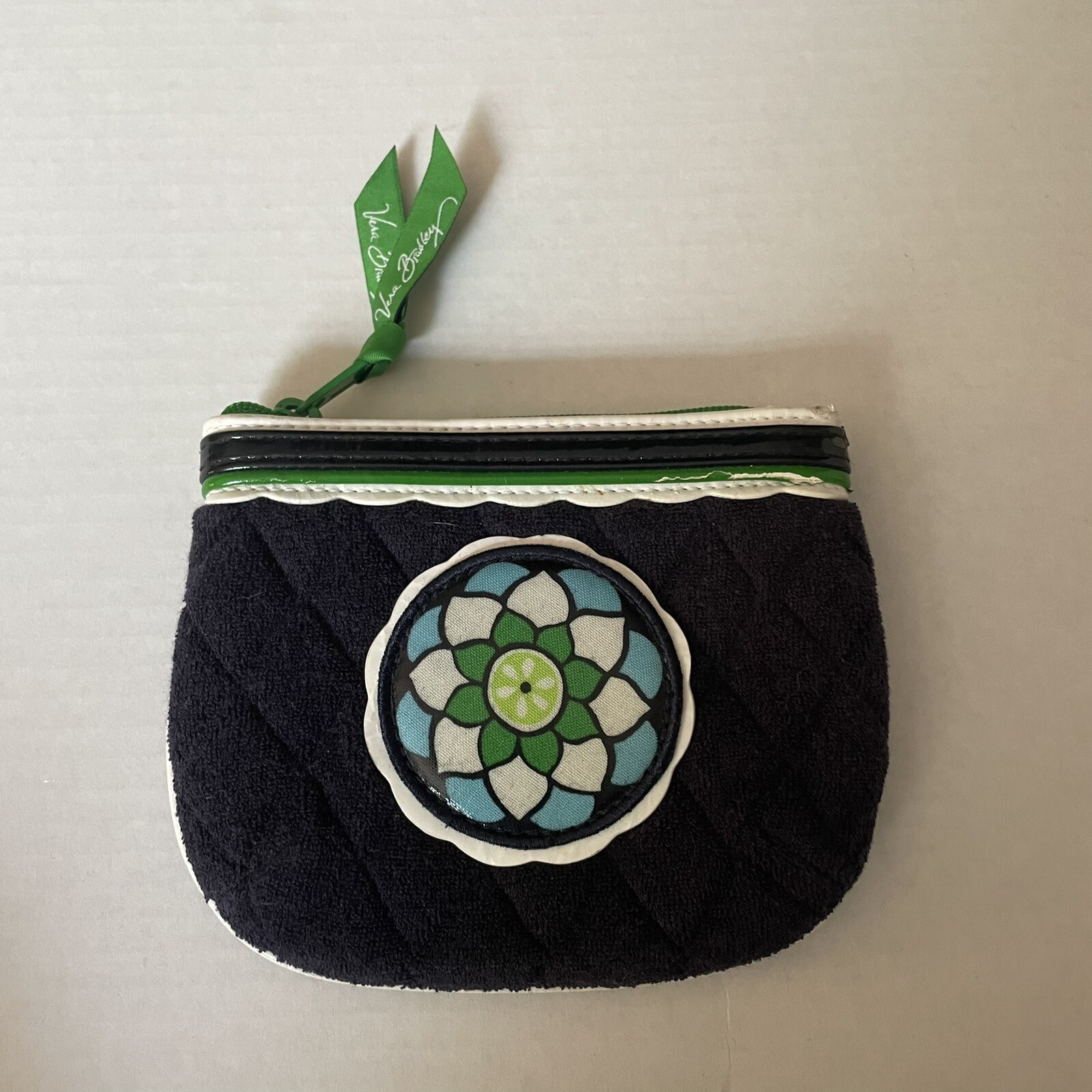VERA BRADLEY BLUE AND GREEN TERRY CLOTH ZIP CHANGE PURSE POUCH VG CONDITION