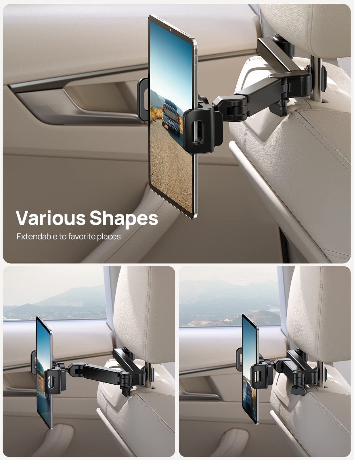 iPad Holder Car Headrest Stretchable Arm 2025 Adjustable Tablet Mount for Ca...