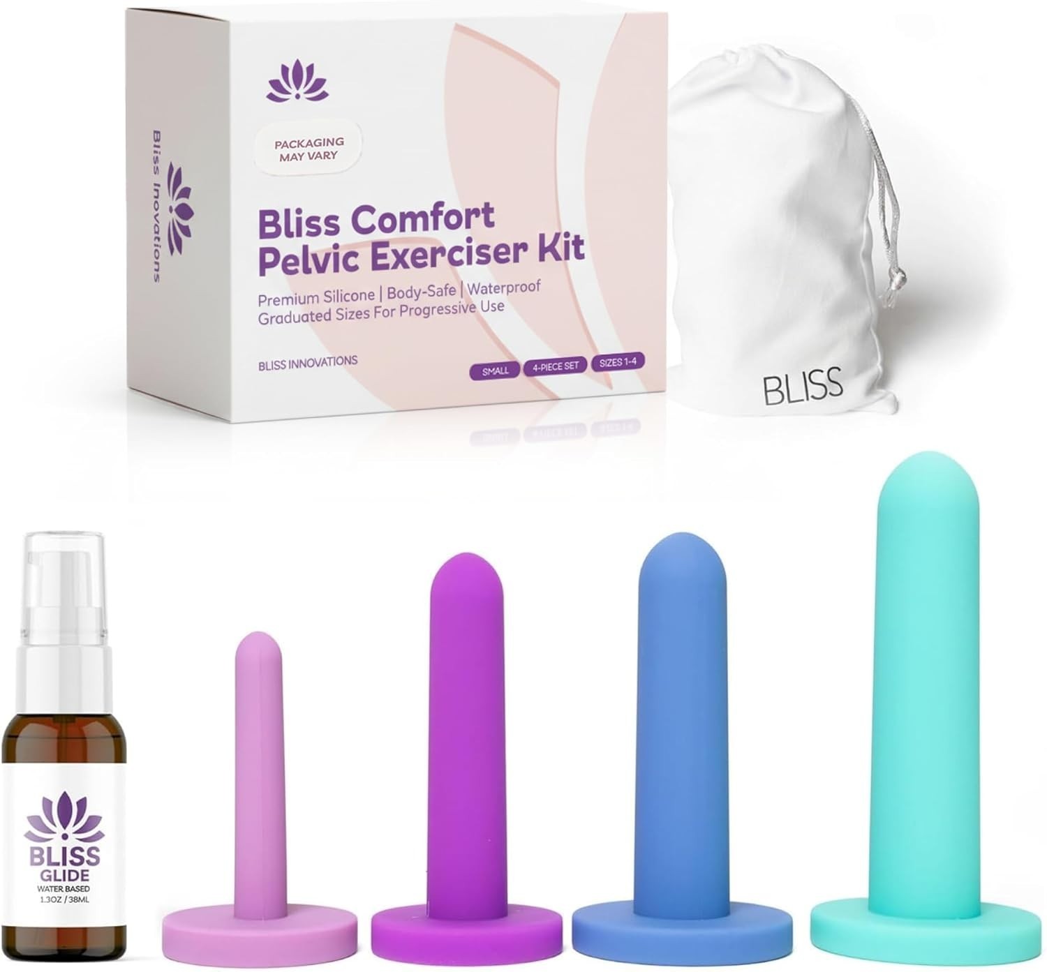 4pc Vaginal Anal Dilator Kit (Size 1-4) Silicone Pelvic Floor Exerciser w/ Lube