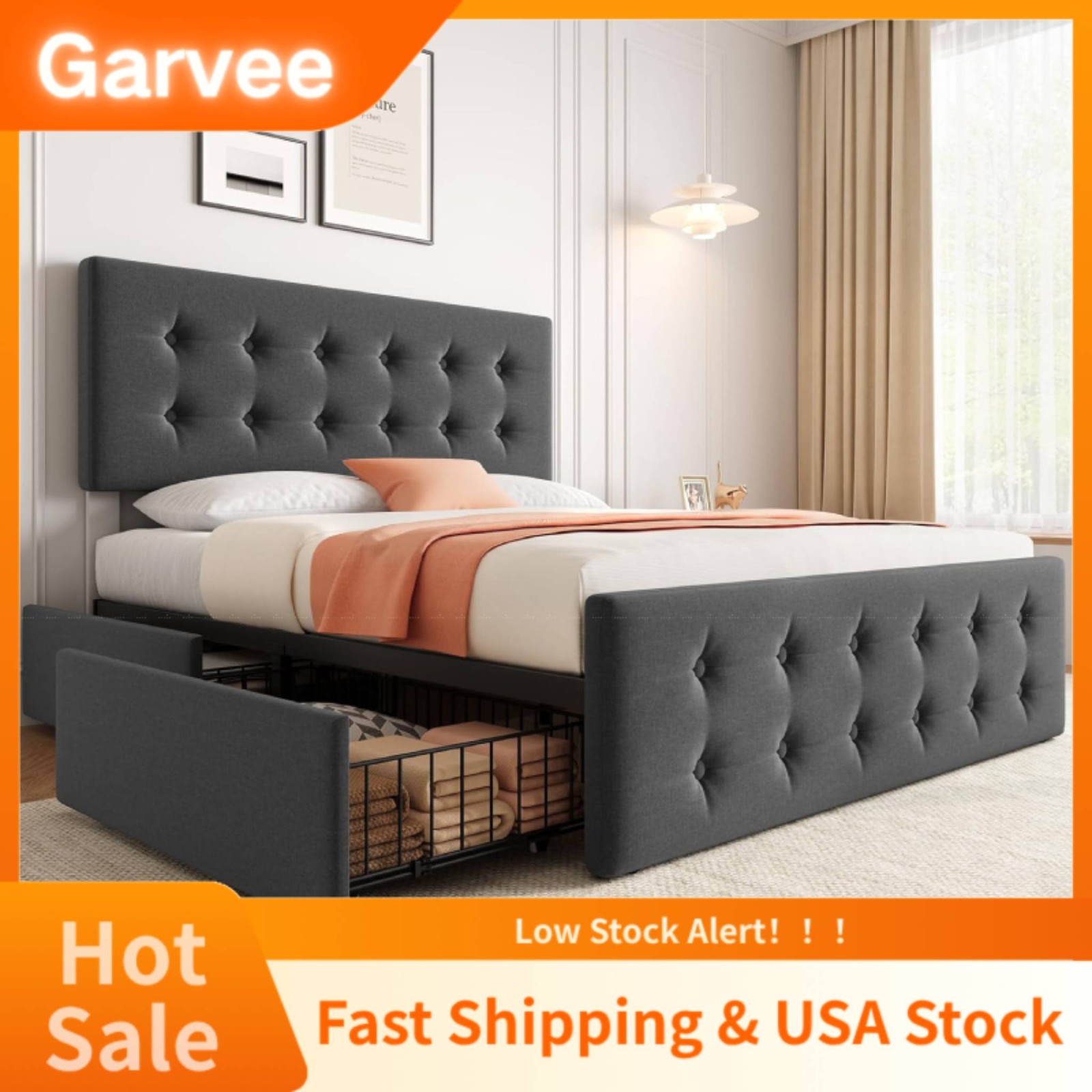 Wooden Slats Support Full Size Bed Frame, Dark Grey Linen Upholstered Platform B
