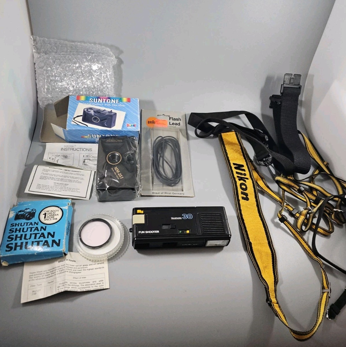 Lot of Vtg Photography Equipment: 2 Cameras Lens Filter Neck Strap Flash Lead