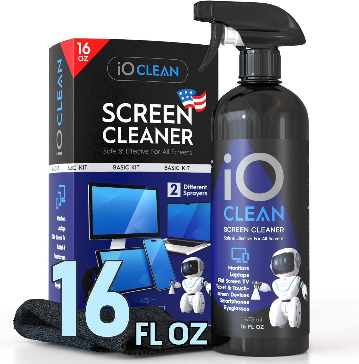 Io CLEAN Screen Cleaner Spray (16Oz) for TVs, Laptops, & Devices with Cloth