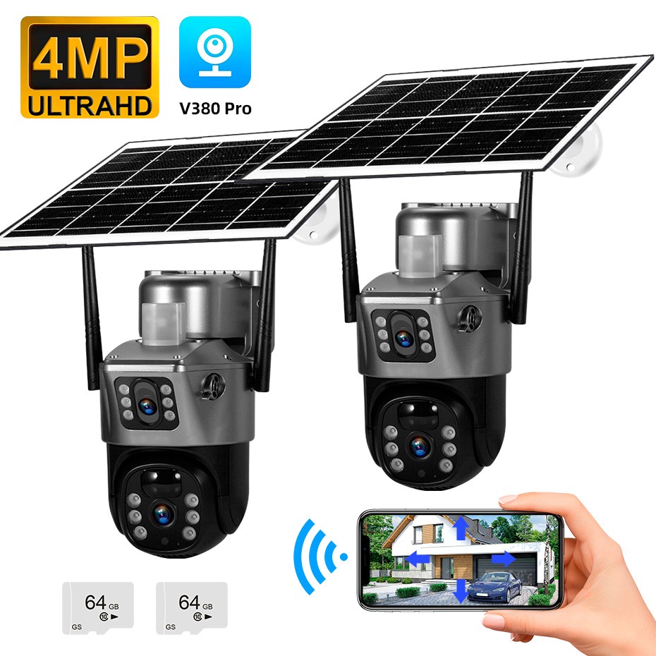 2PCS Home Security Camera System Solar Panel PTZ Wireless 4MP Outdoor 64GB Card