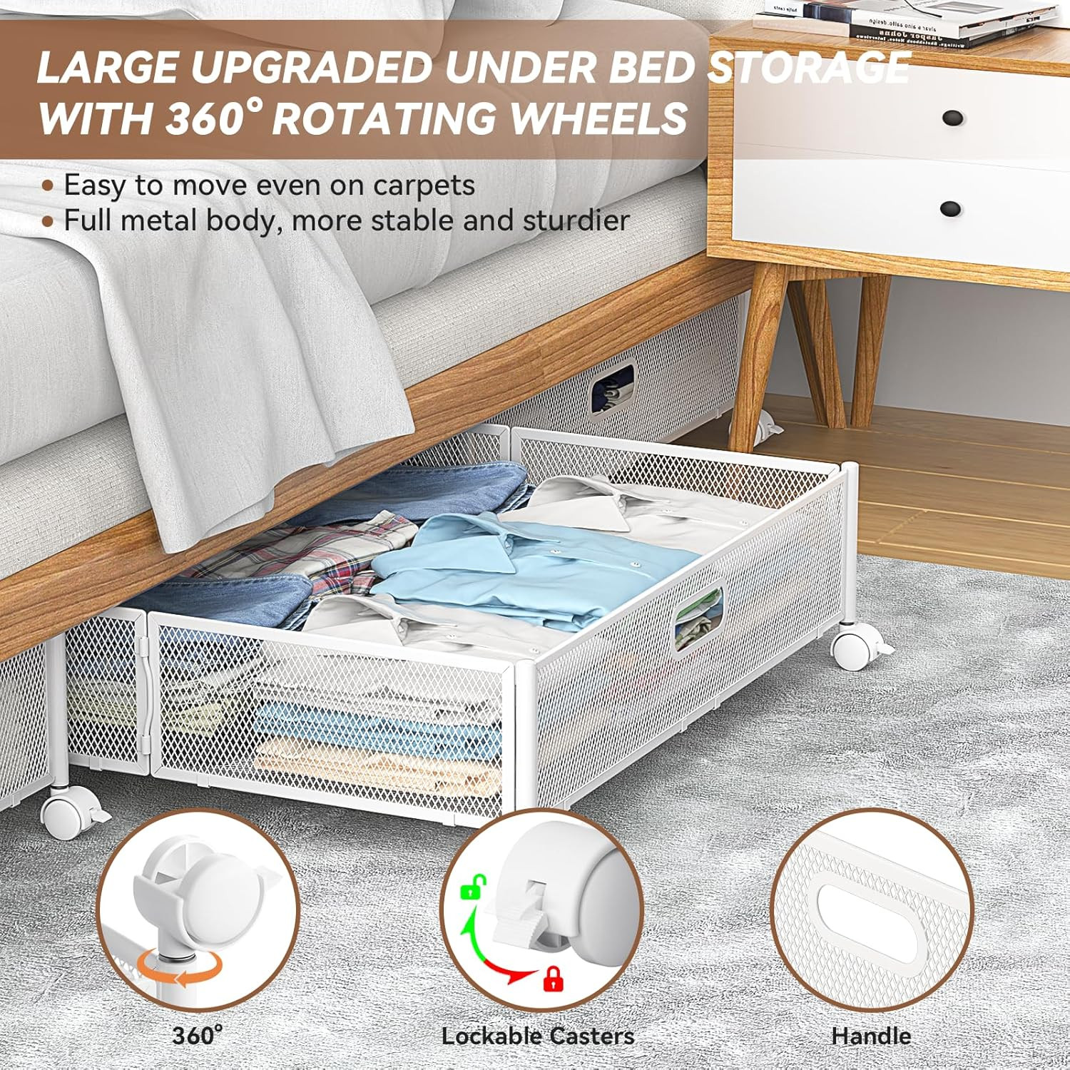 Under Bed Storage with Wheels & Handle,Metal,Large,4 Pack,White | Tool-Free Asse