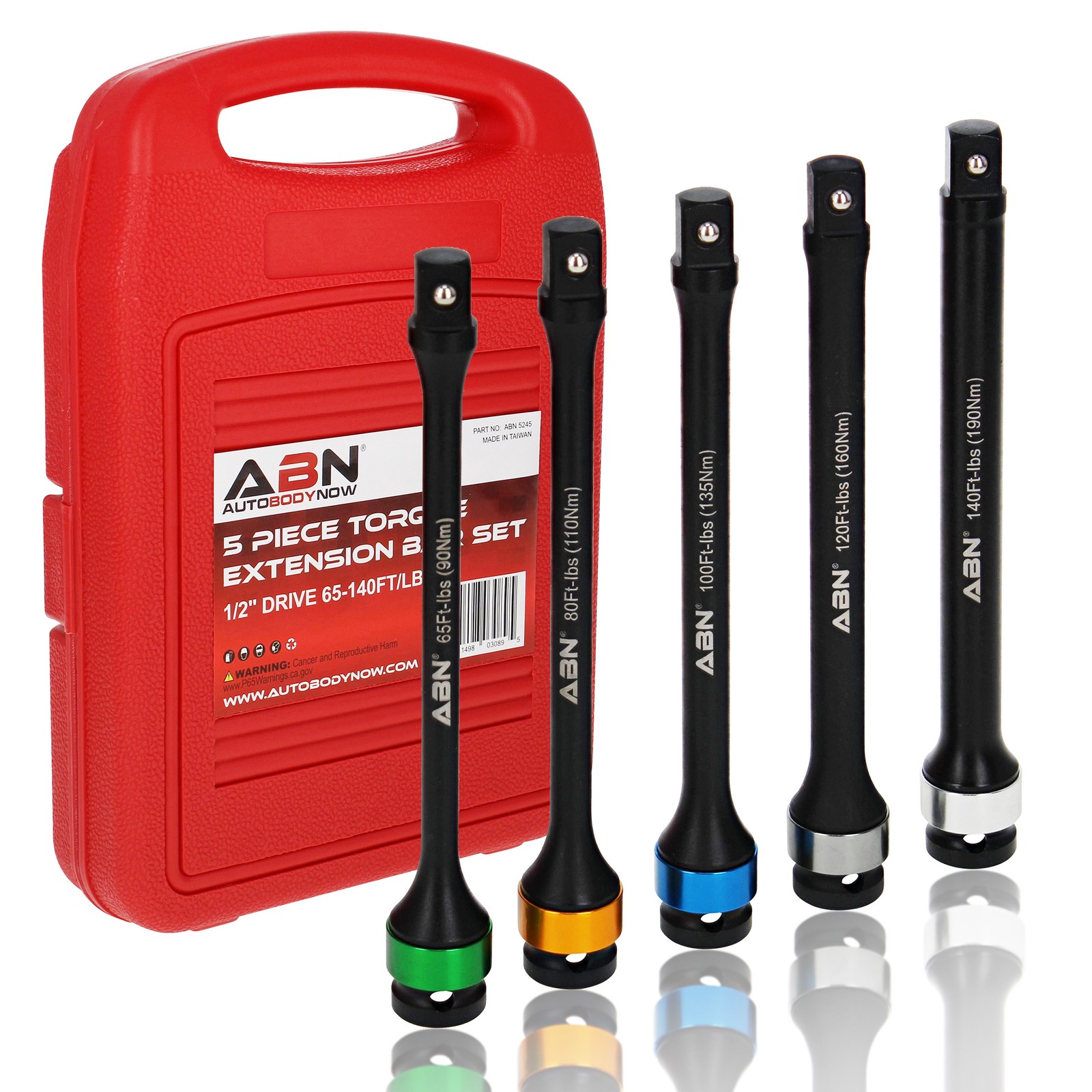 ABN 1/2” Inch Drive 8” Torque Socket Extension Bar 5pc Tool Kit 65-140ft/lb Set