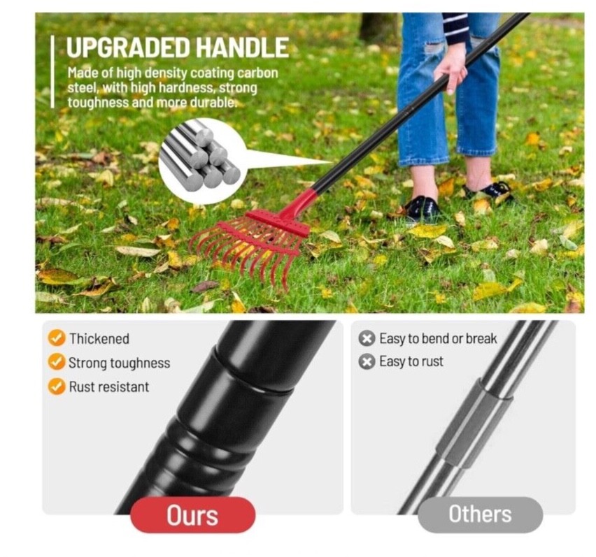New Garden Leaf RAKE With ADJUSTABLE Steel HANDLE