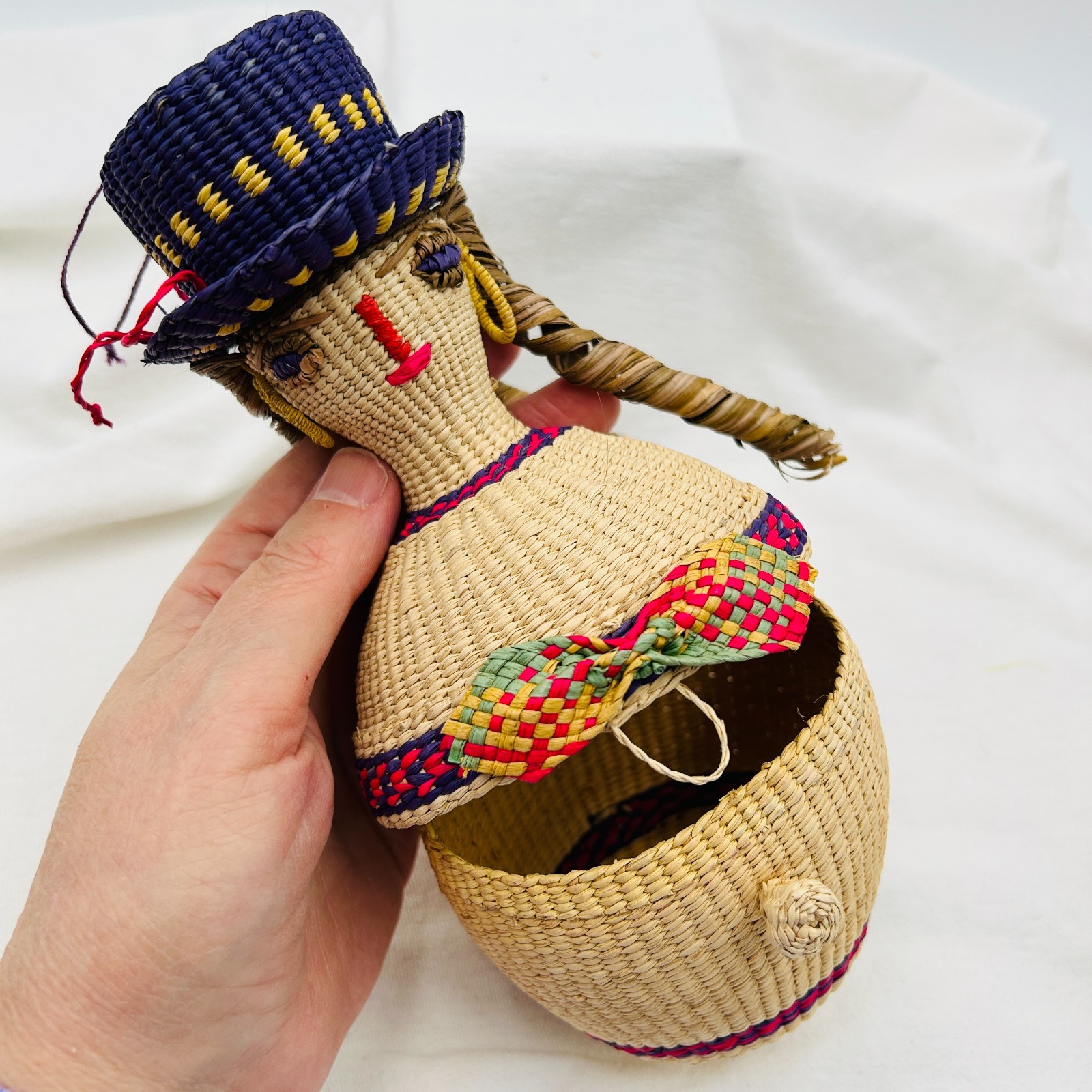 Peruvian Folk Art Woman with Hat Ornament Box Hand Woven Straw 7.5 inch Vintage