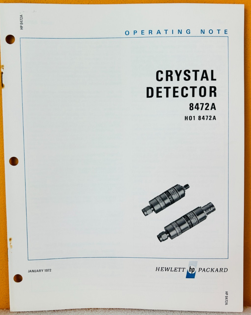 HP 08472-90008 1972 Crystal Detector 8472A H01 8472A Operating Note Manual.