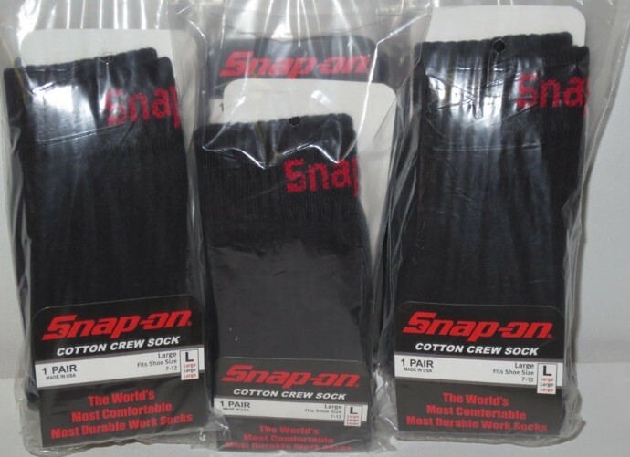 SNAP ON TOOLS USA NEW 6 Pairs Crew Socks Men's BLACK LARGE FREE SHIP MADE IN USA