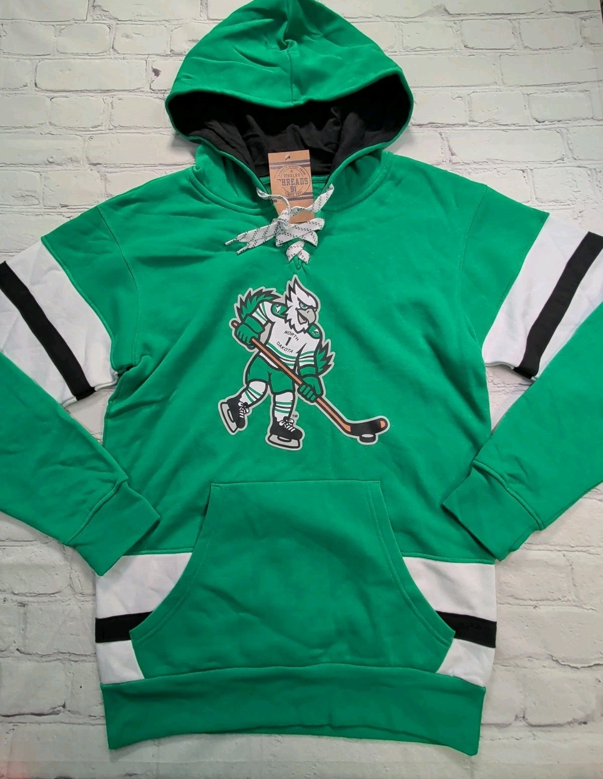 NEW Mens Large NCAA North Dakota Fighting Hawks Lace-Up Hoodie Hooded Sweatshirt