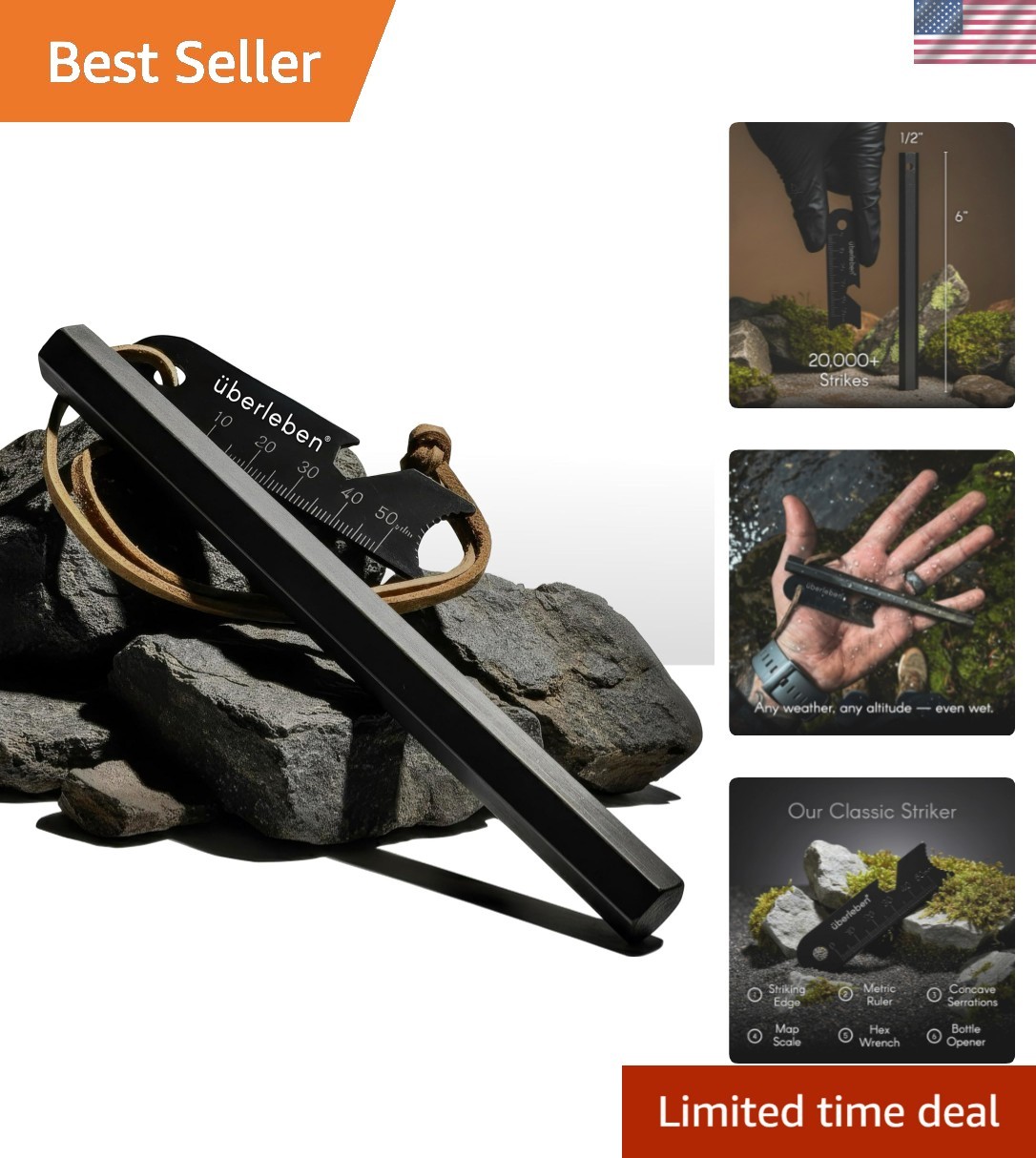 Hexå Ferro Rod Fire Starter Survival Tool – Up to 20,000 Strikes, 1/2" Thick ...