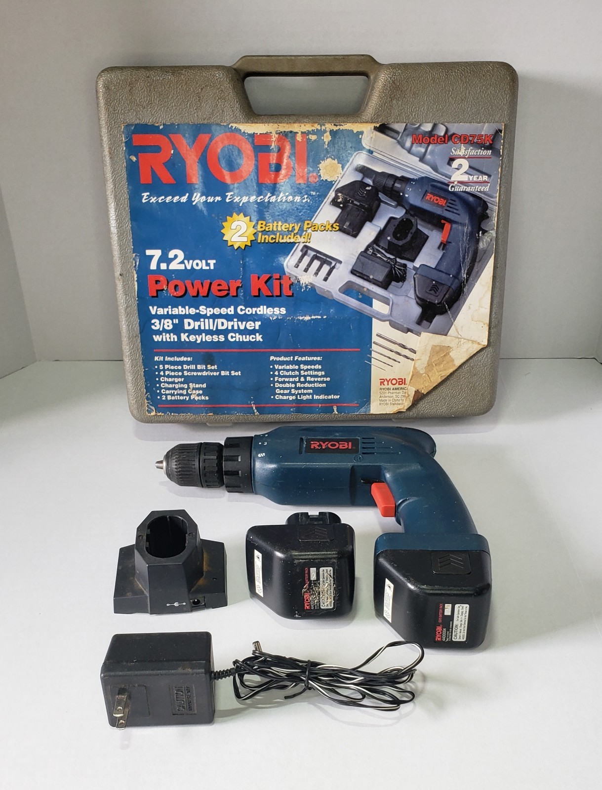 Vintage Ryobi CD75 Drill - 7.2v Cordless Drill/W/ Hard Case & Batteries. READ