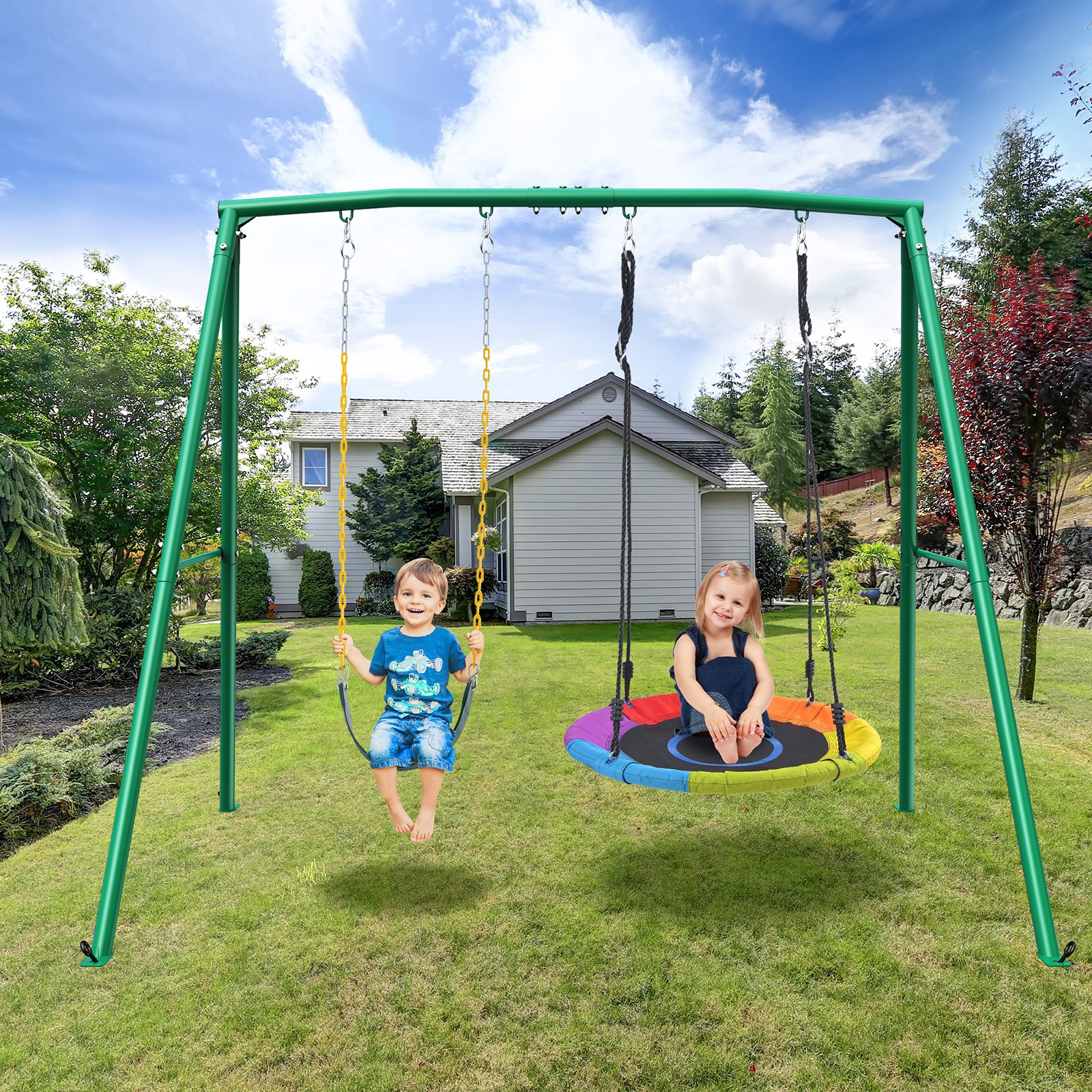 440lbs Metal Swing Set with 2 Swings & Frame Outdoor Kids Adult Backyard Playset