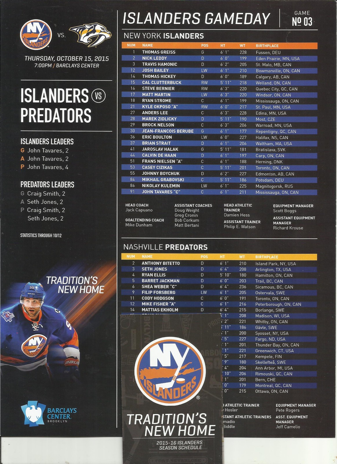 NEW YORK ISLANDERS NASHVILLE PREDATORS GAMEDAY # 3 OCTOBER 15,2015 PROGRAM