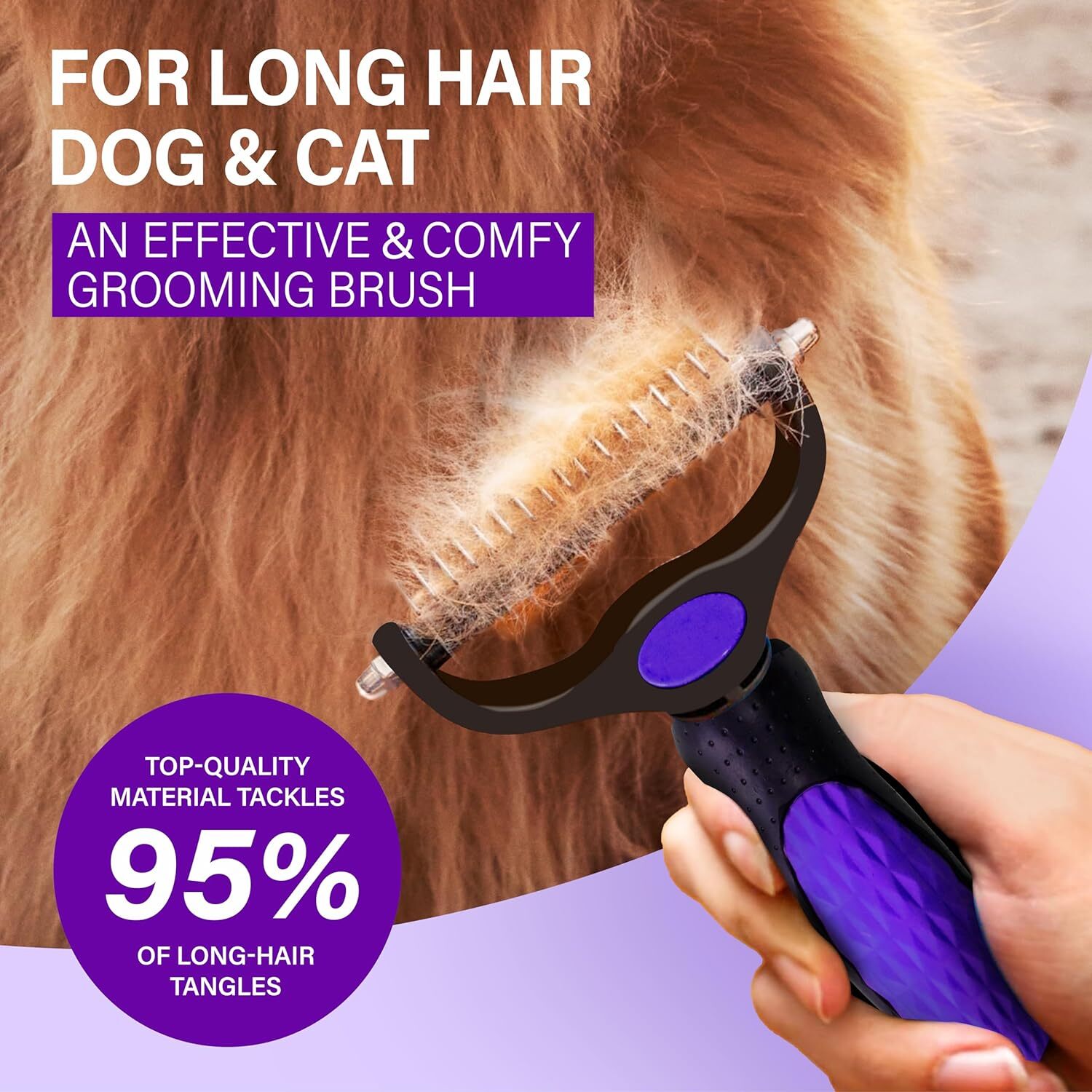 Professional Pet Grooming Brush: Purple, Extra Wide Double-Sided Teeth