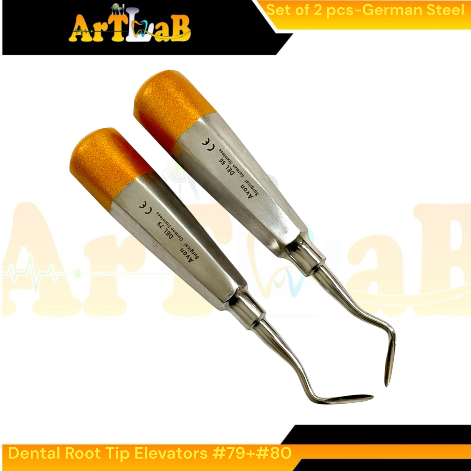 Luxating Root Elevator Set with Angled Sharp Tips, #79 & #80, Hollow, Gold (2pk)