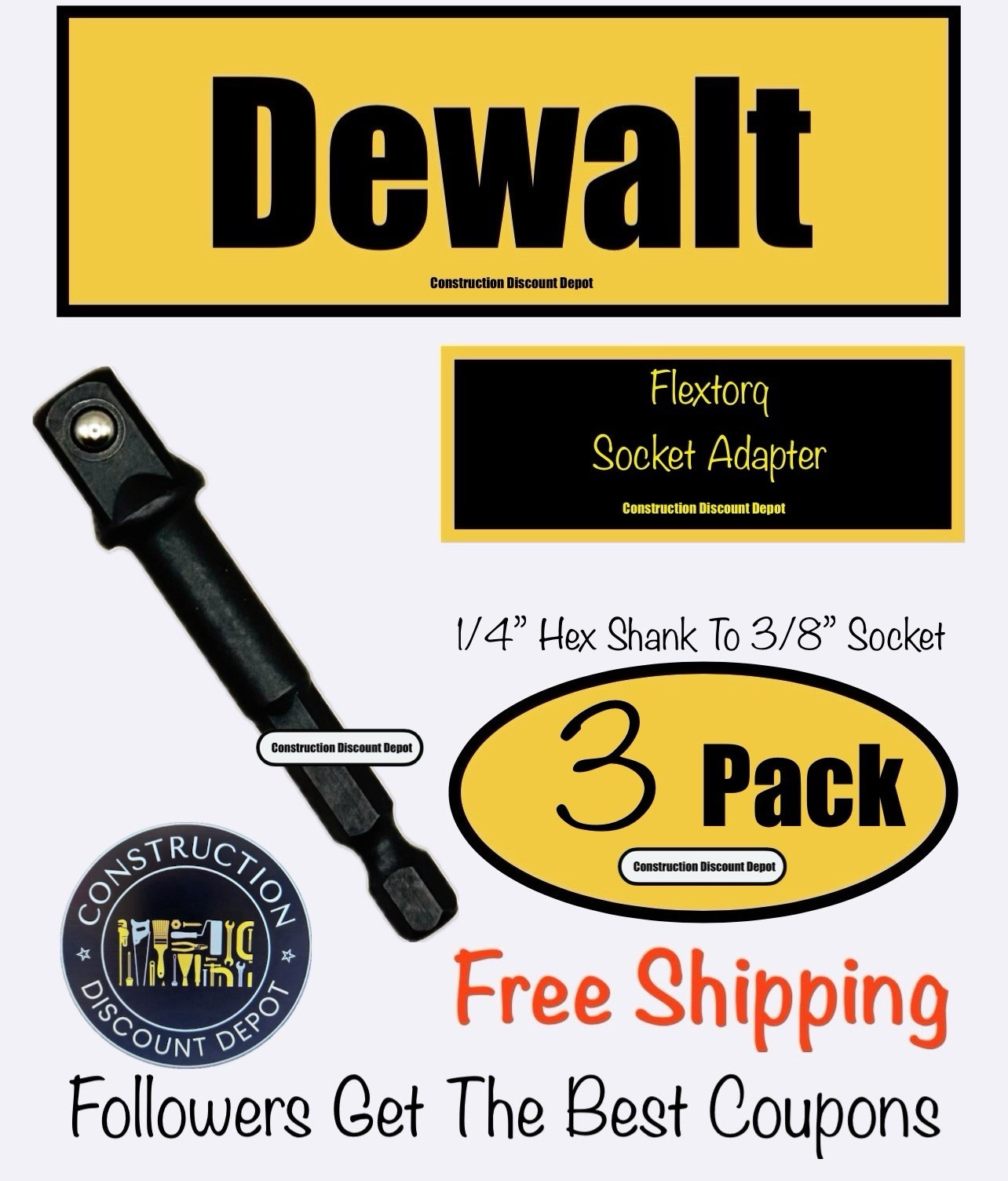 3 Pack DEWALT Impact Ready Black Socket Adapter 1/4" Hex Shank To 3/8" Socket