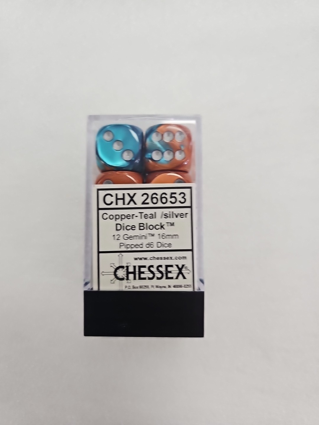Chessex Dice 12 Gemini Copper-Teal /Sliver 16mm Pipped D6 Block Set CHX 26653