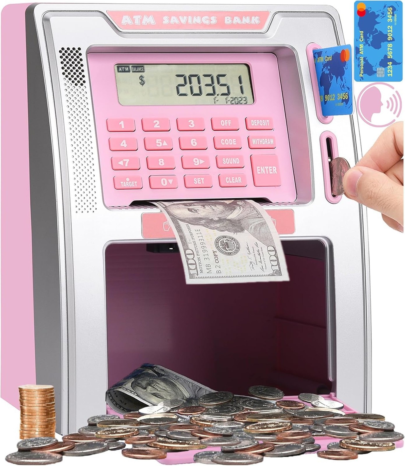 Fishboy Talking Pink ATM Piggy Bank for Kids with Dual Debit Cards, Power-Off...