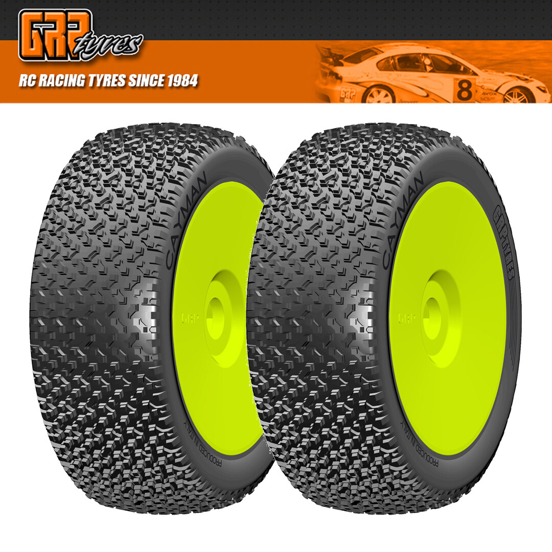 NEW GRP 1:8 Buggy CAYMAN B Medium Mounted Tires with Yellow Wheel (2) : F/R