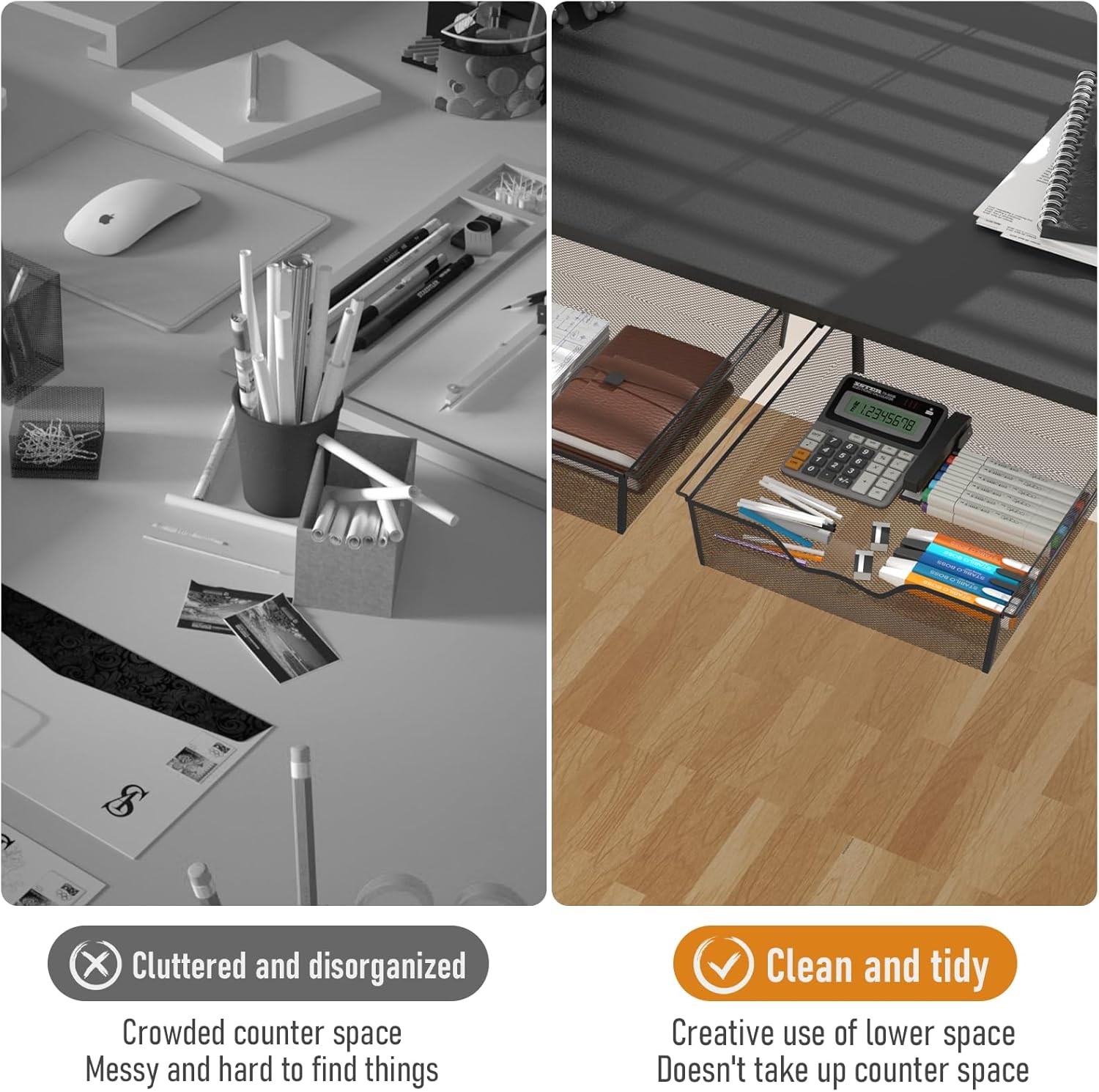 2 Pack Under Desk Drawer Slide Out Adhesive Storage Drawers Mesh Storage Basket