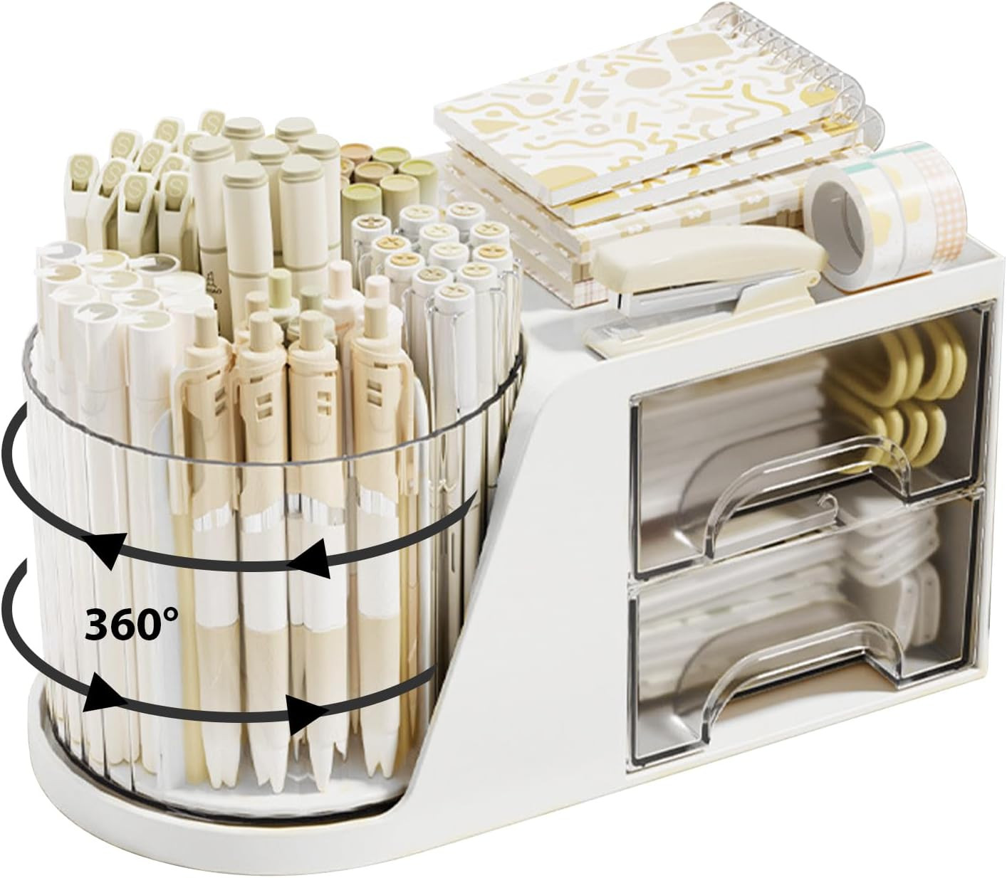 360 Rotating Desk Organizer 2 Drawer Pen Holder 6 Slot Makeup Office Storage Whi