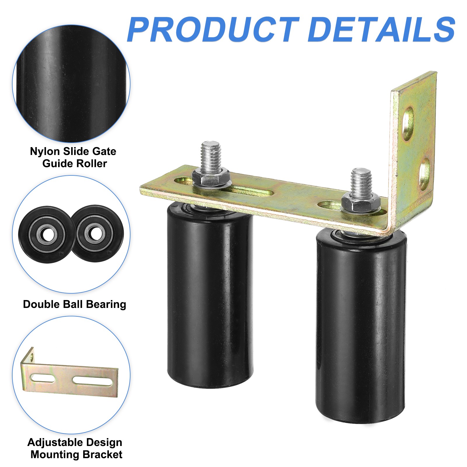 1Set Slide Gate Guide Roller, 4" Nylon Gate Support Rollers with Bracket, Black
