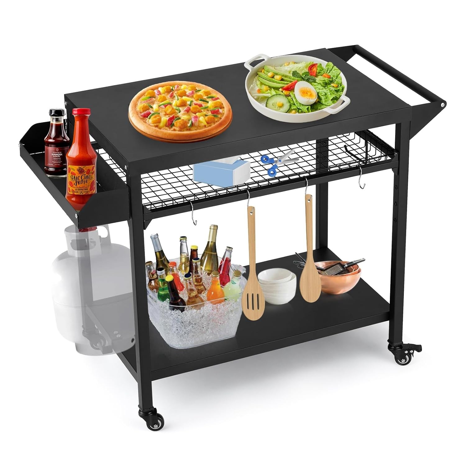 Movable Outdoor Grill Cart w/ Wheels Mesh 3-Tier BBQ Prep Table Pizza Oven Stand
