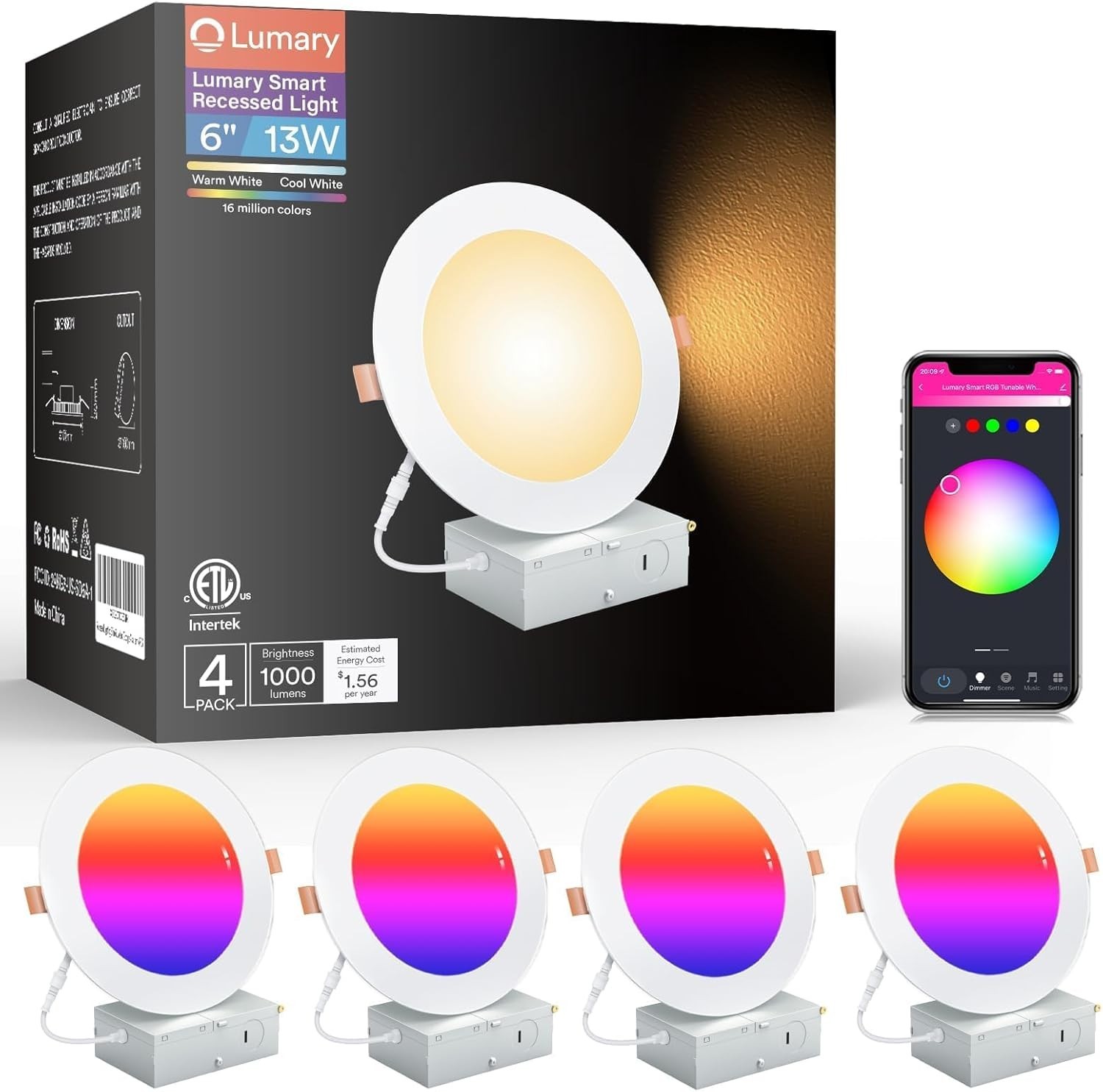30%OFF LUMARY SMART WI-FI CANLESS RECESSED LED LIGHTS 6" 13W 4 Pack - WHITE