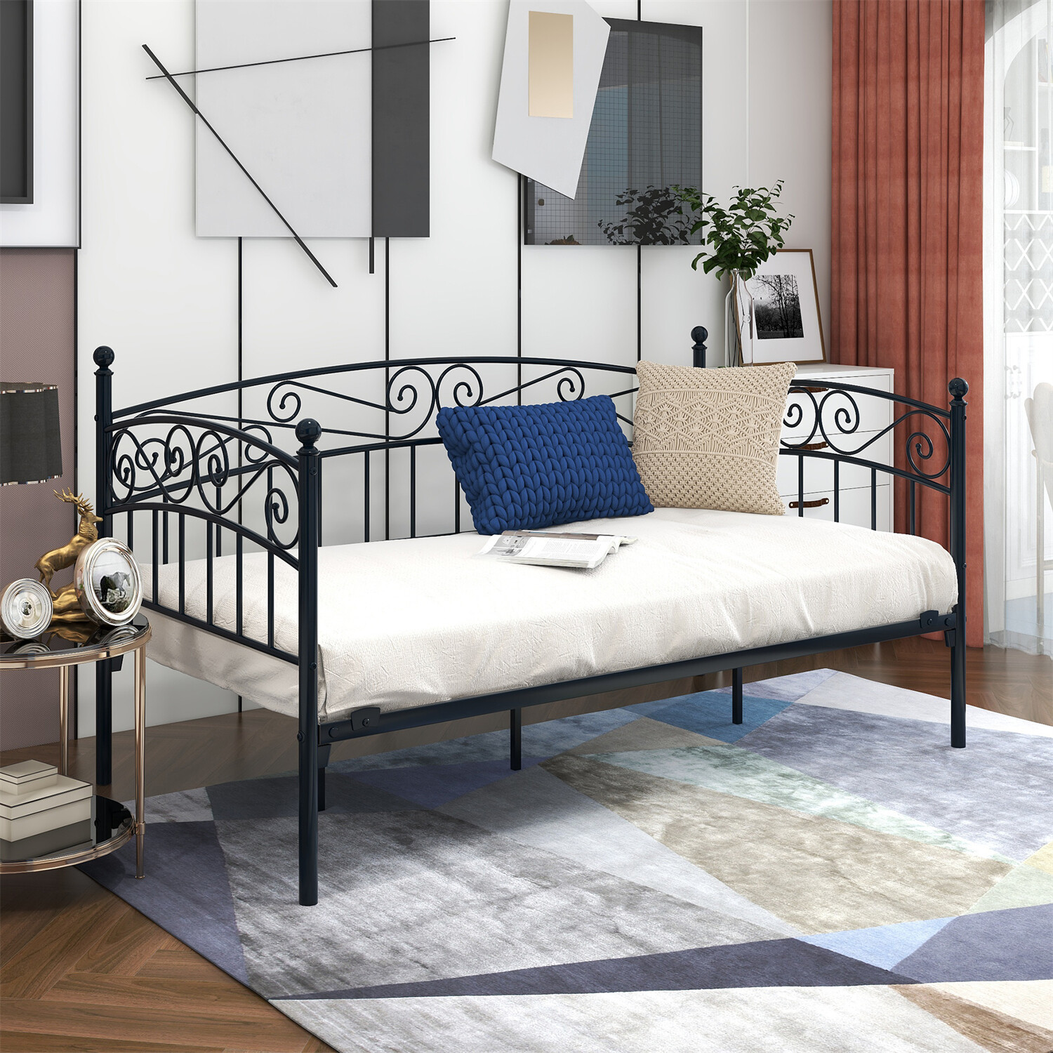 Modern Twin Size Metal Daybed Metal Bed Frame Sofa Bed with Headboard Black US