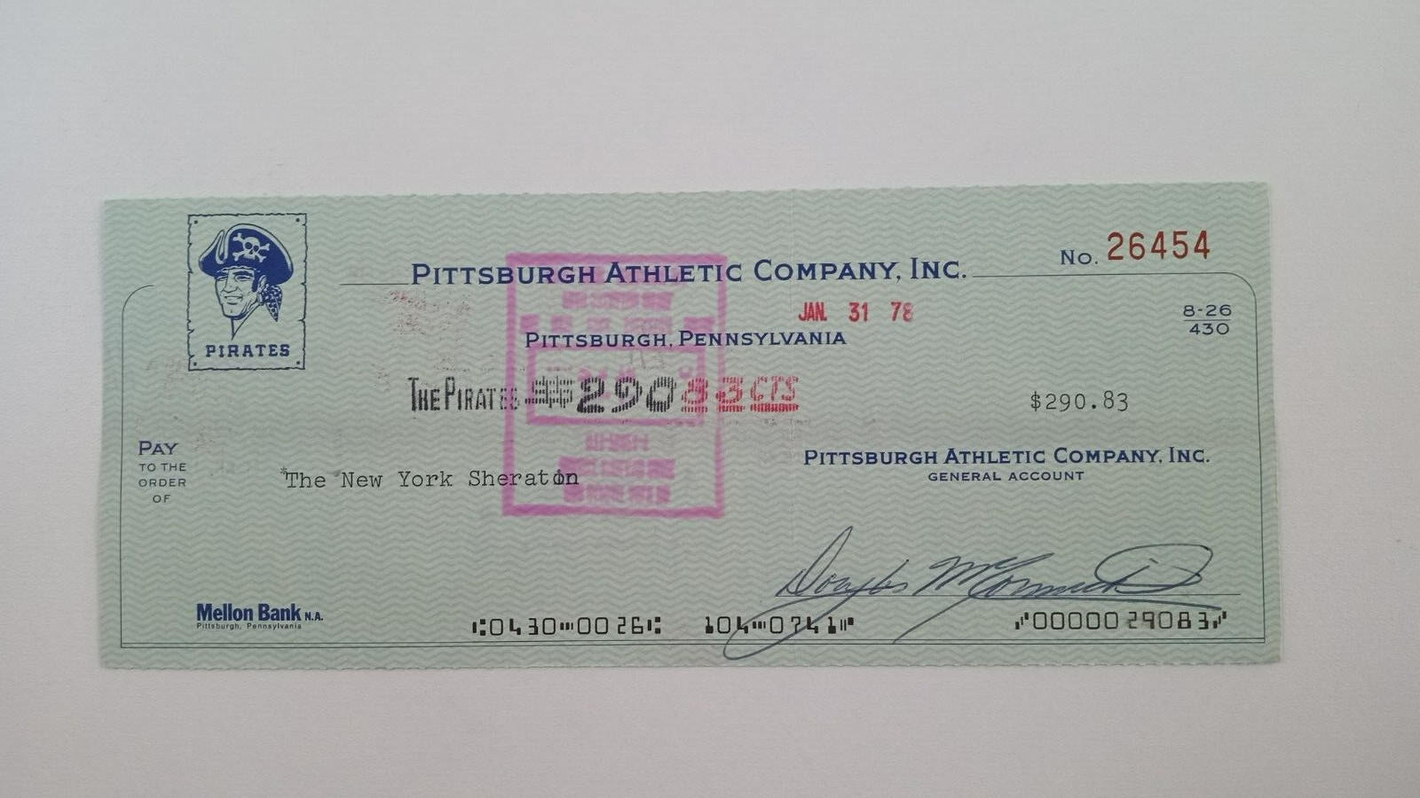The New York Sheraton: 1978 Pittsburgh Pirates Expense Check