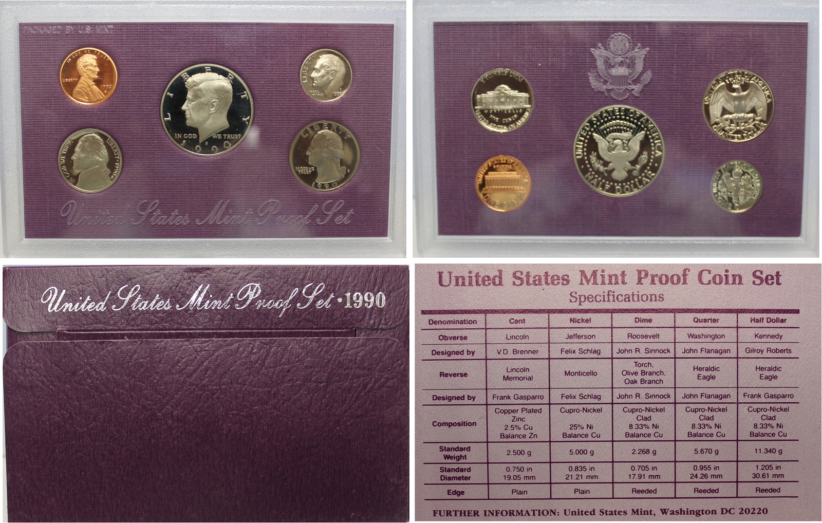 1990 Proof set CN-Clad Kennedy Half dollar Washington - (OGP) 5 coins