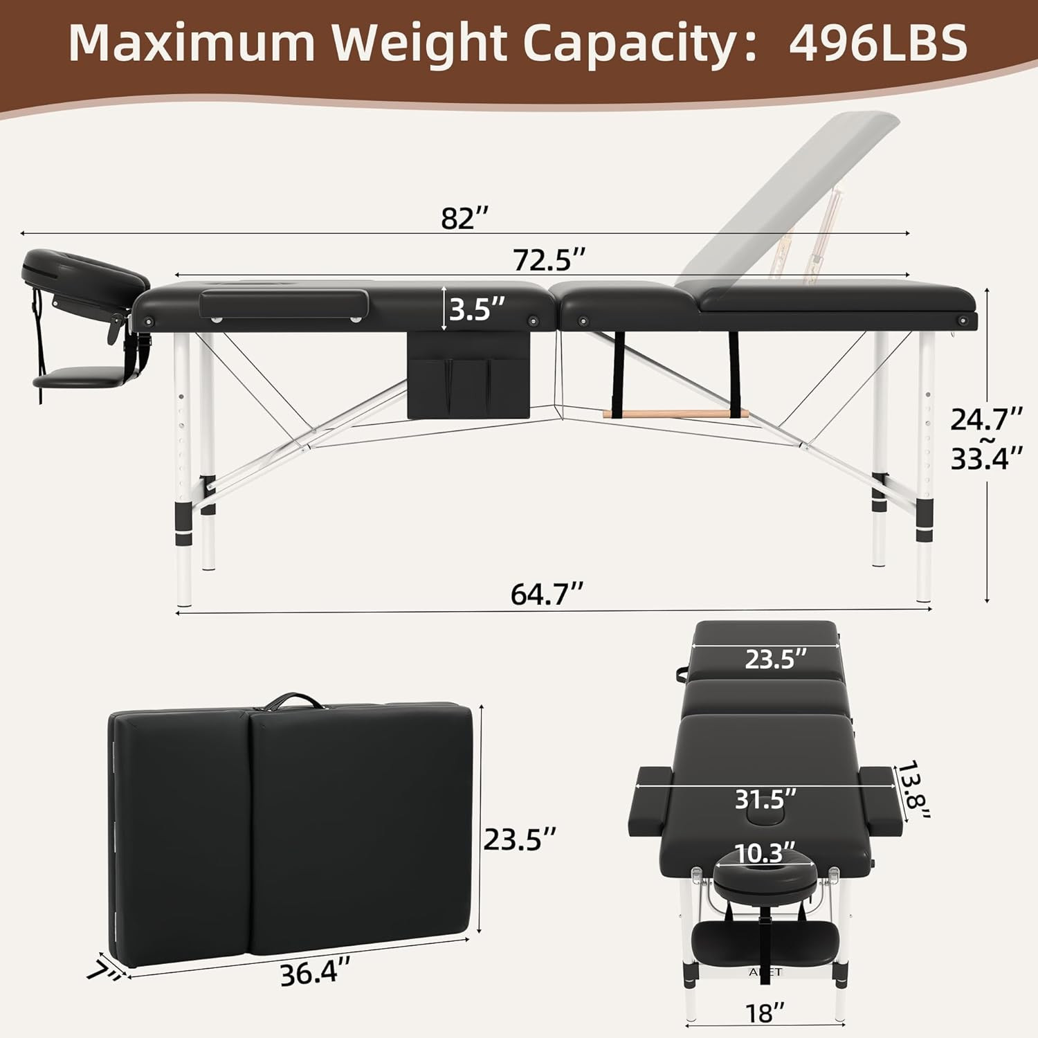 Massage Table, 3 Fold Portable Professional Lash Tattoo Spa Bed, Height Adjustab