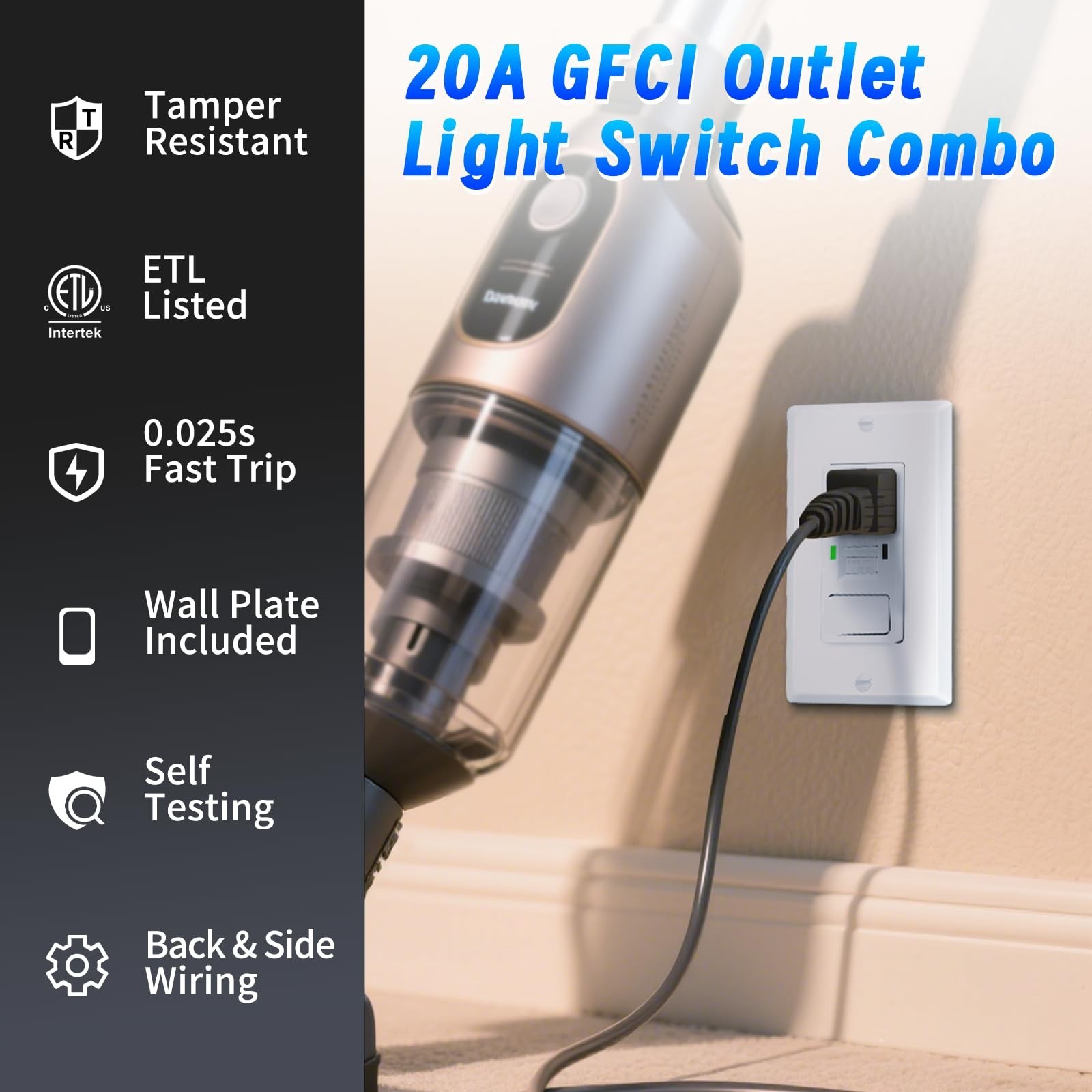 GFCI Outlet with Light Switch, 20 Amp Self-Test GFI Electrical Switch Outlet ...