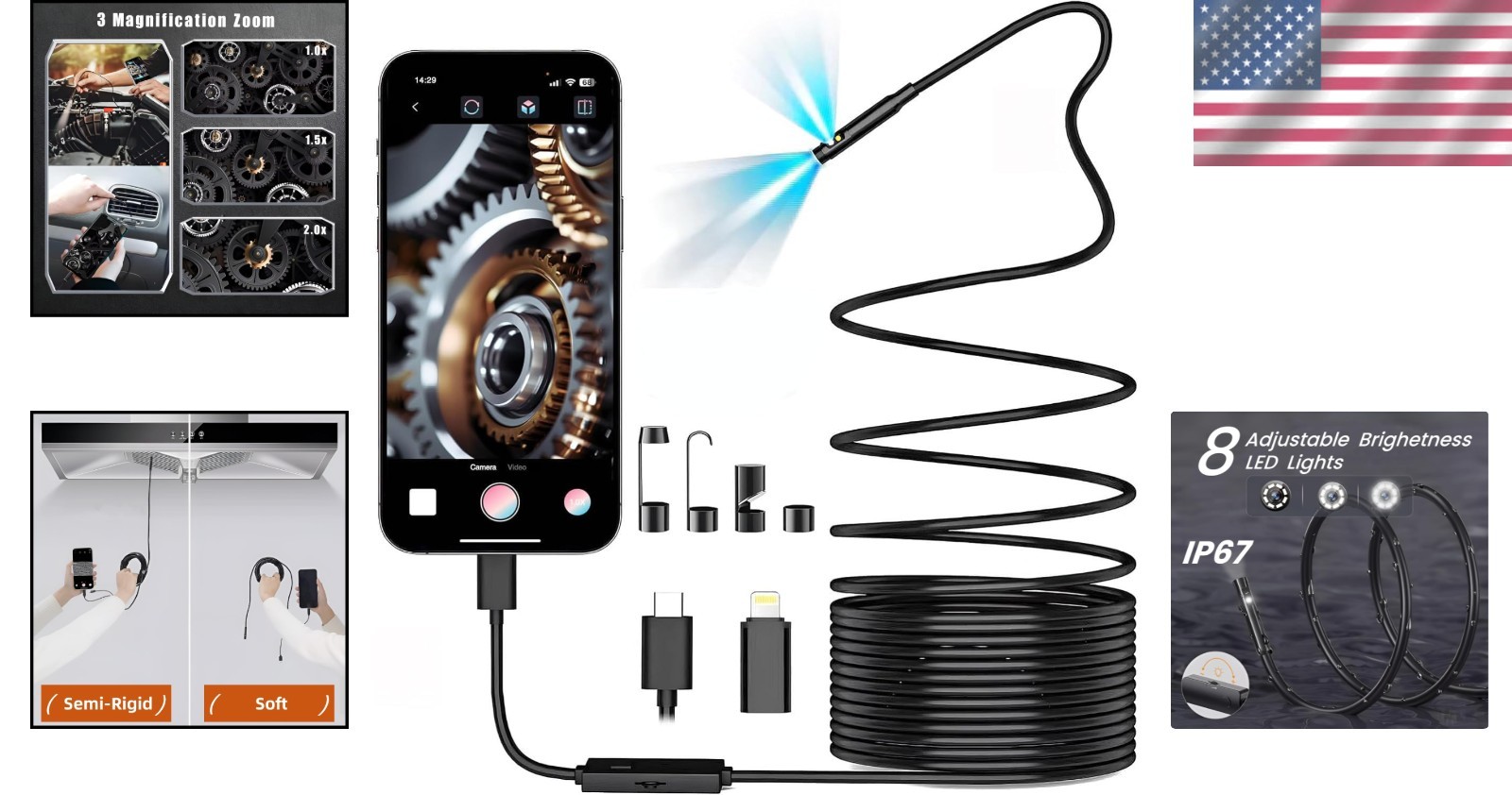 Waterproof Borescope with 16.5ft Semi-Rigid Cable & Dual-Lens Technology