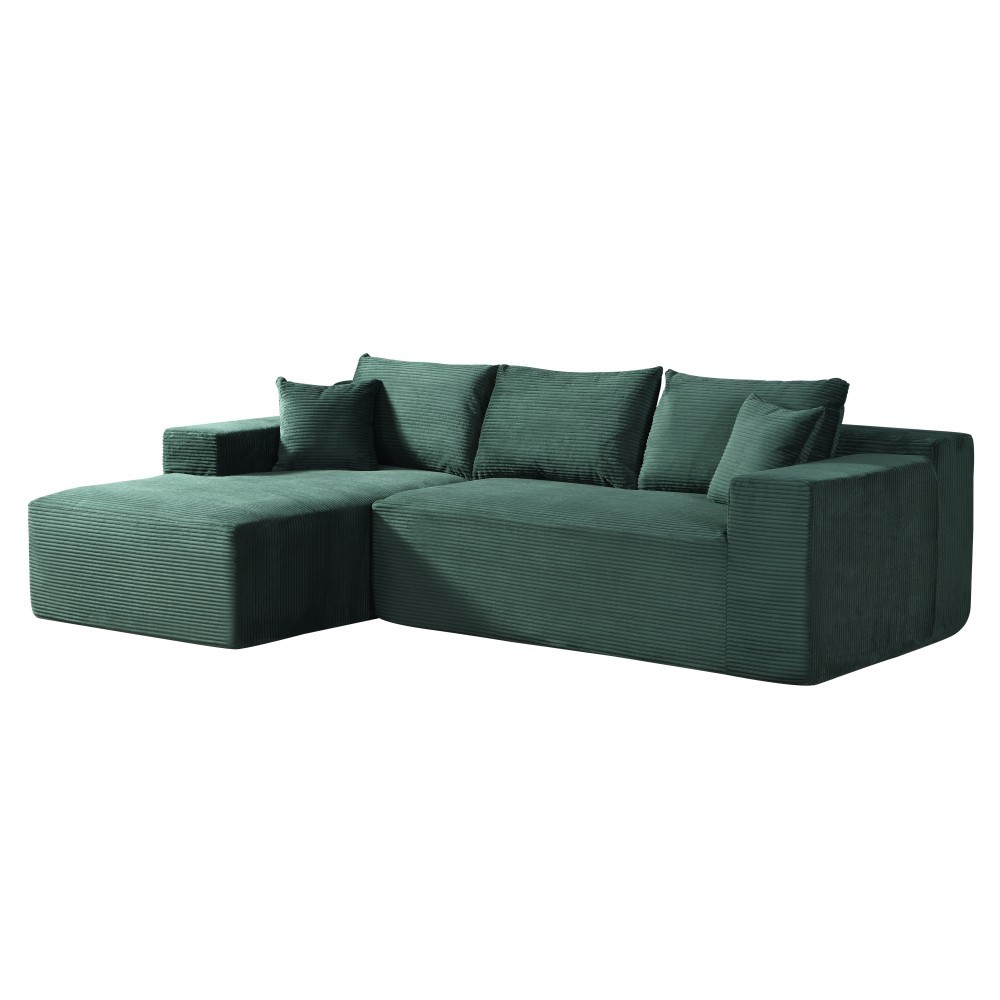 3-Seater Modular Sofa w/ Pillows, Dark Green Corduroy L-Shaped Couch