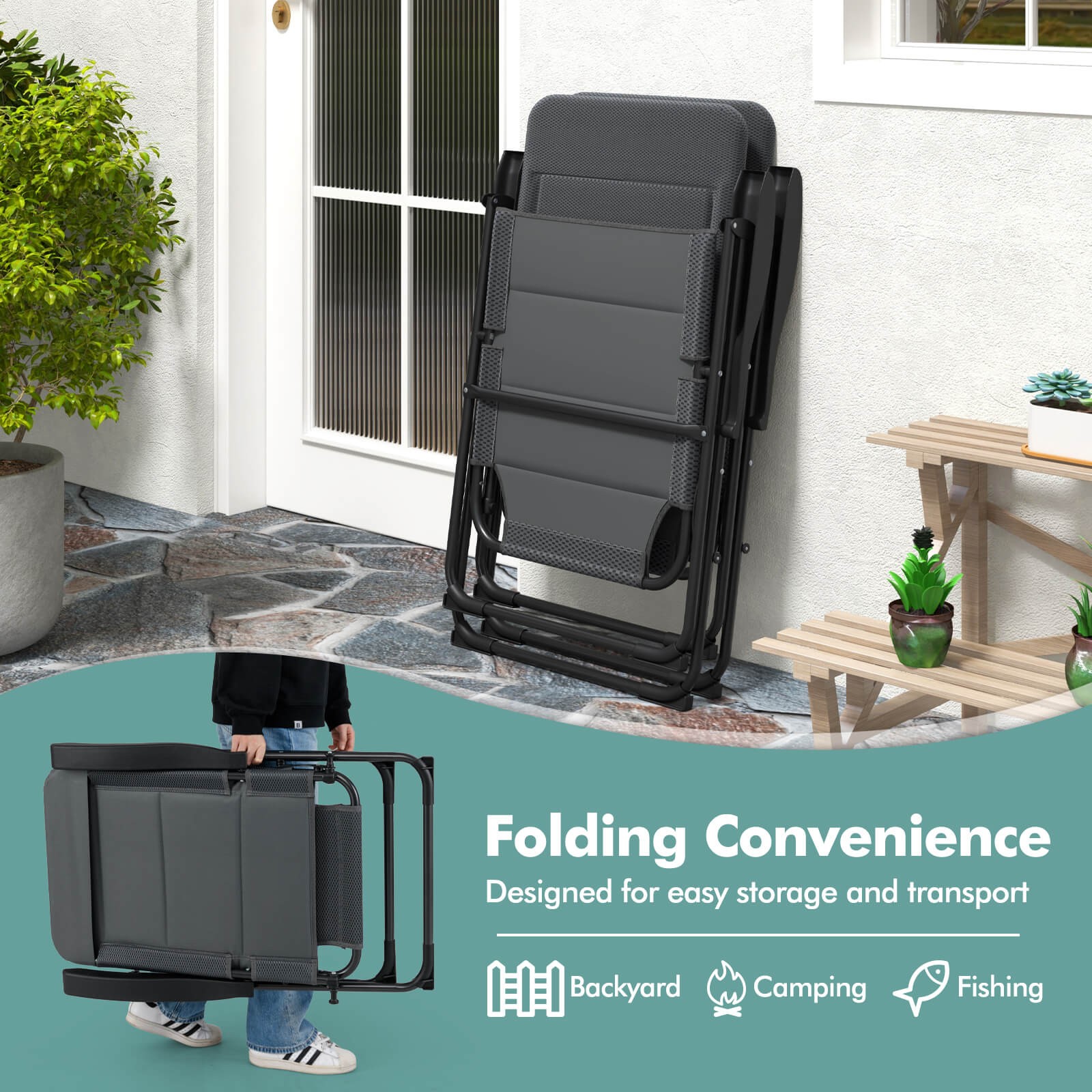 2PCS Patio Folding Chairs Back Adjustable Reclining Padded Garden Furniture