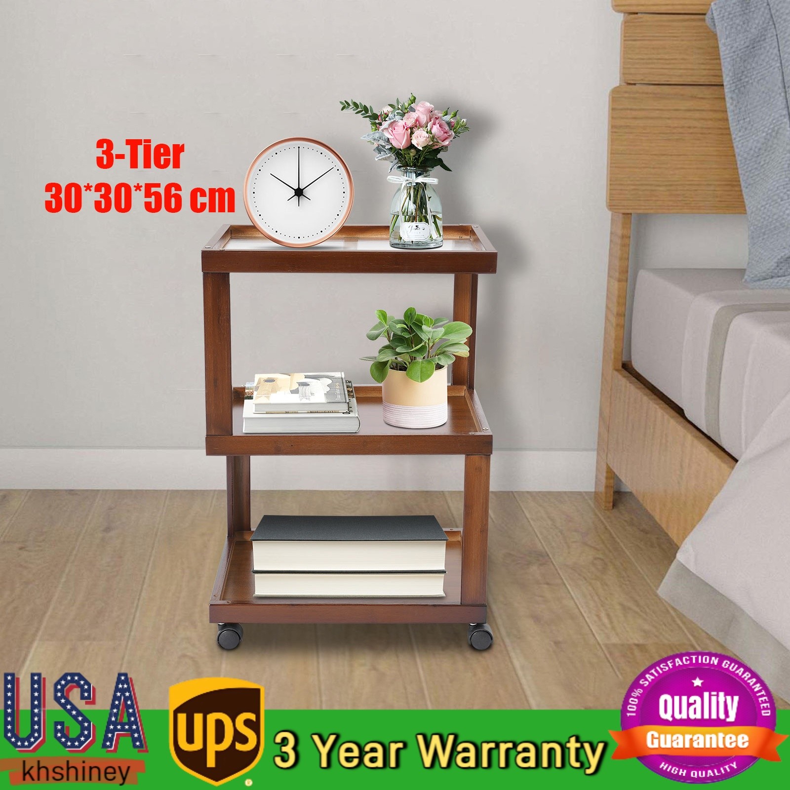 3-Tier Dark Brown Wood Nightstand End Table for Small Spaces with Open Storage