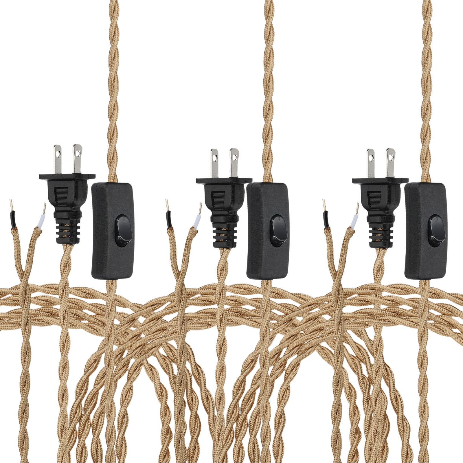 3Pcs 8Ft 18/2 Twisted Cloth Lamp Cord with Button and Plug, Light Gold